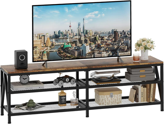 TV Stand for TVs up to 70 Inch, 63" Long Industrial TV Console Table with 3-Tier Storage Shelves, Entertainment Center for Living Room, Bedroom (Rustic Brown)