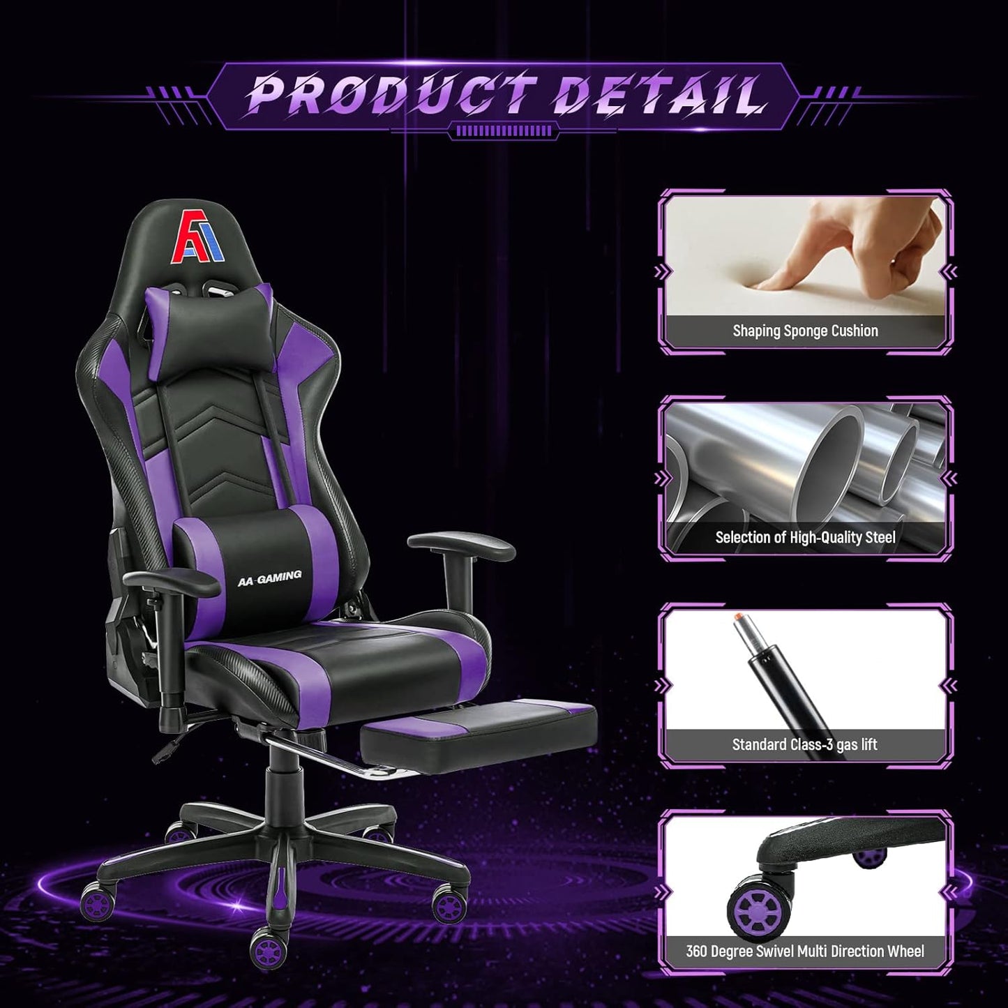 AA Products High Back Ergonomic Gaming Chair with Footrest, Lumbar Support, Swivel, Adjustable for Gamers - Black/Purple