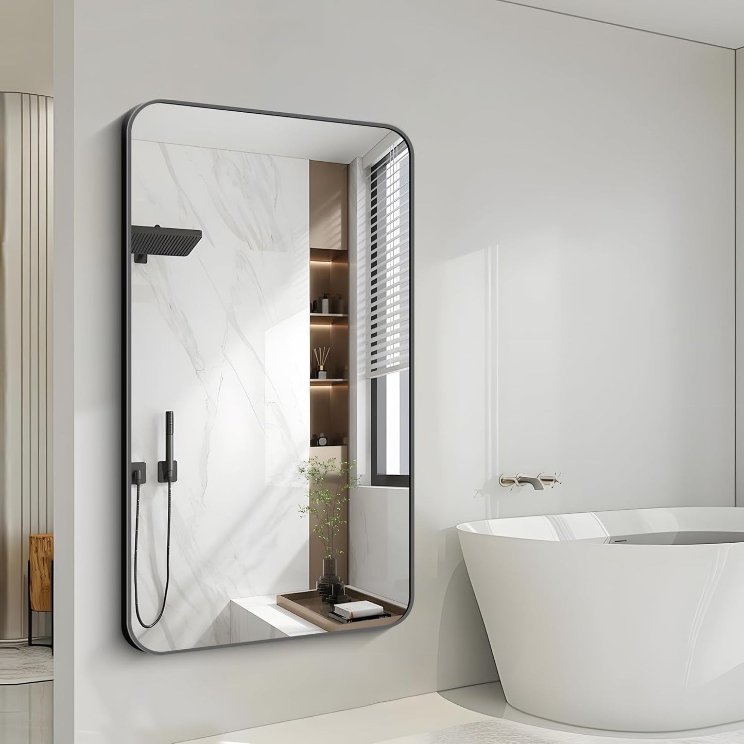 FORBATH Large Bathroom Mirror 60x36 Inches, Black Oversized Wall Mirror for 2 Sinks Aluminum Frame Wall Mounted Rounded Corner Morndern Mirror for Bathroom Bedroom Entryway Living Room