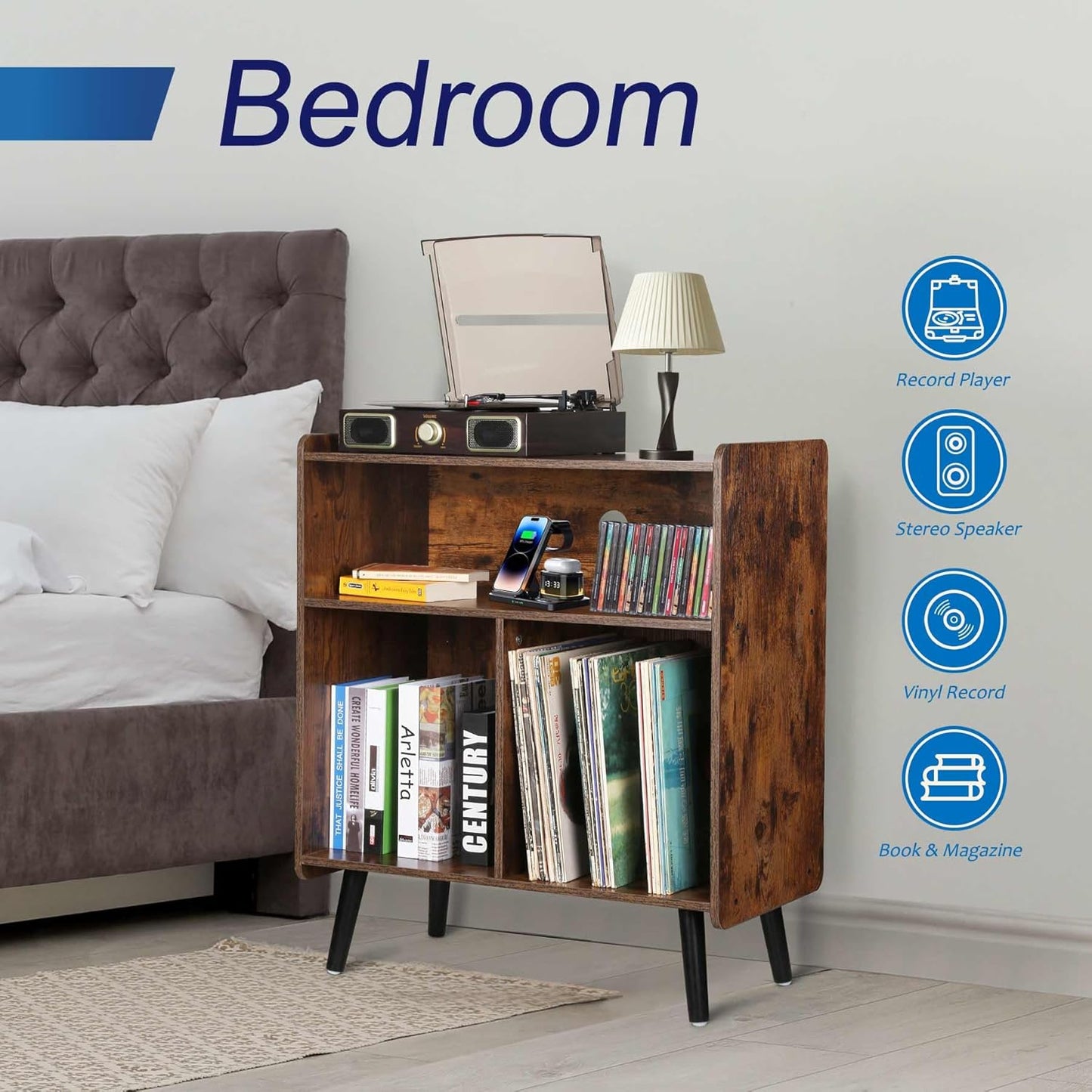 3-Tier Vintage Record Player Stand, Mid-Century Vinyl Record Storage Cabinet Table Holds up to 100 Albums, Large Wood Turntable Stand for Living Room, Office, Rustic Brown