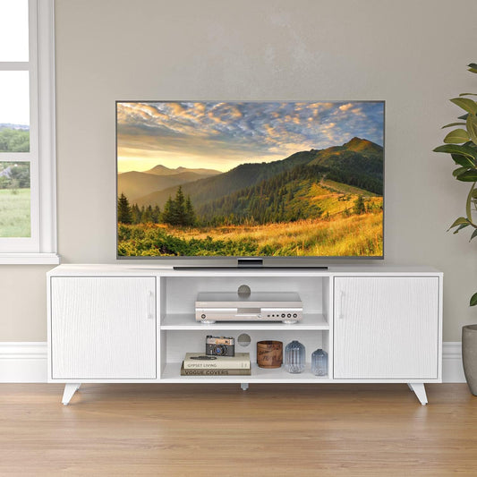 Panana Mid Century TV Stand Entertainment Center with 2 Doors, Wooden Medial Console Table for Living Room Furniture, 53.5" x 15" x 21.7" (White)