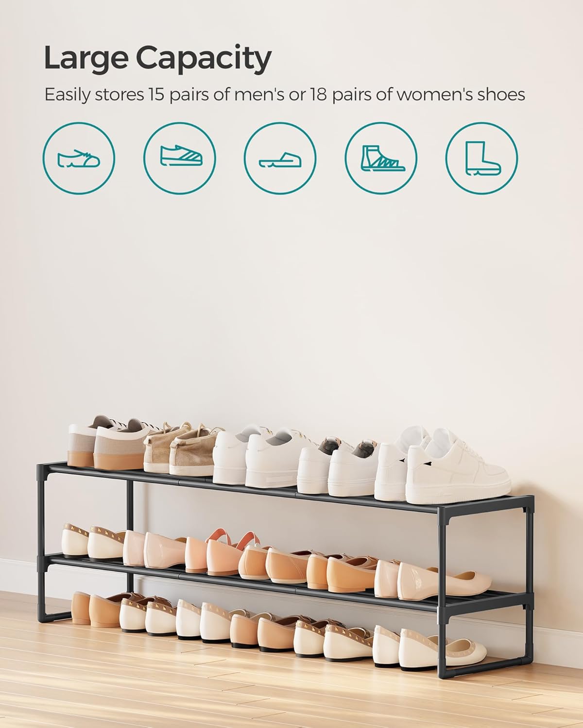 SONGMICS Shoe Rack, 2-Tier Shoe Organizer, Metal Storage Shelf, Upright or Upside Down, for 15-18 Pairs, Stackable, for Entryway, 11.8 x 46.1 x 13.4 Inches, Black ULSA032B01