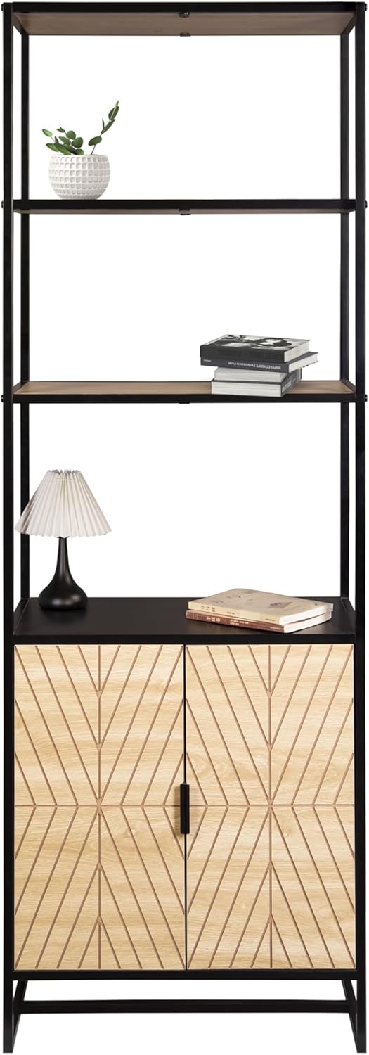 AC Pacific Bali Coastal Modern 6 Tier Bookshelf with Storage, Features Sleek Black Frame and Natural Wood Accents, Versatile Book Shelf and Display Solution for Bedroom and Living Room, 67" High