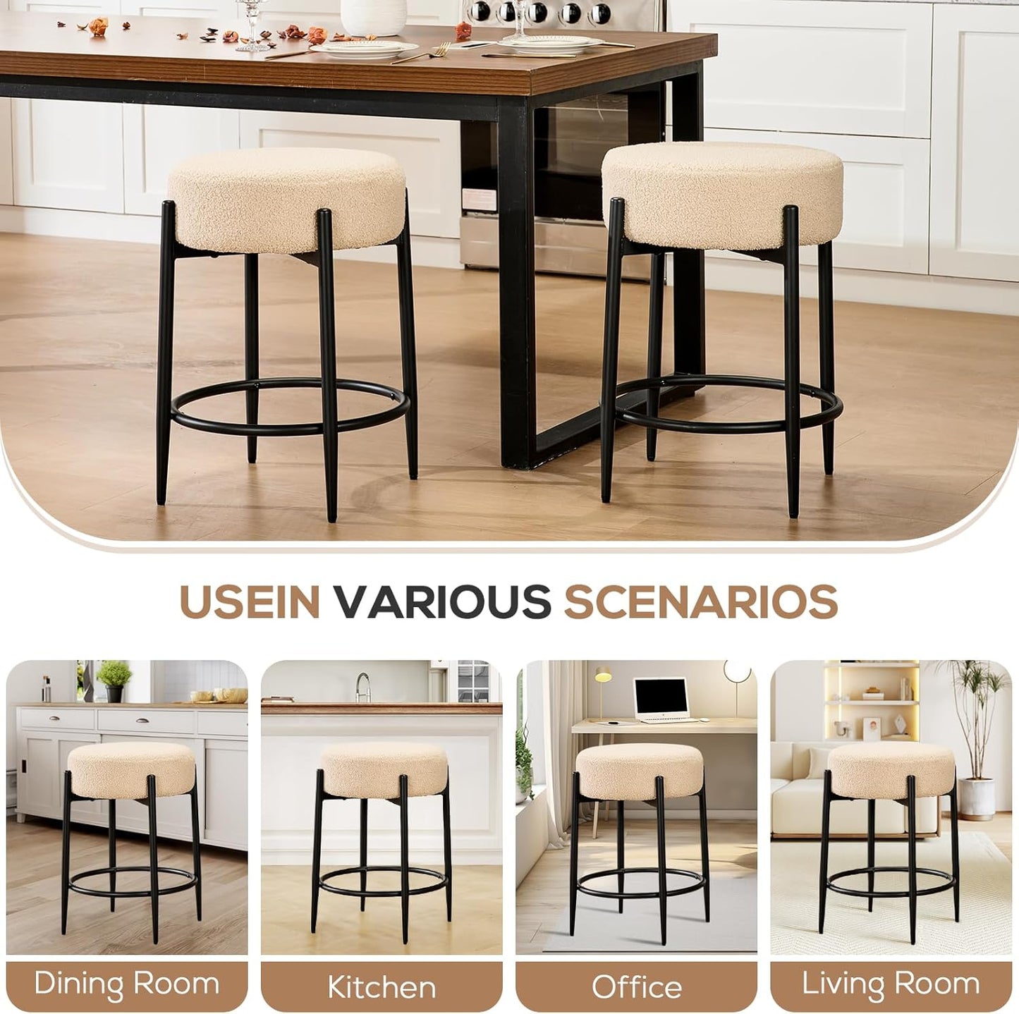 Dining Chairs Set of 2, 23.6" Backless Kitchen Living Room Chair，Mid Century Modern Chairs with Round Soft Beige Boucle Padded & Solid Metal Legs