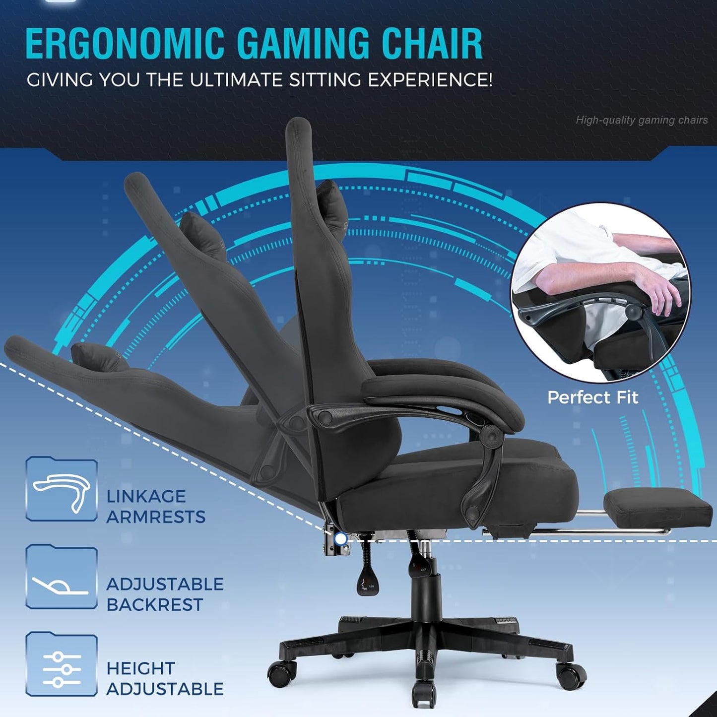 GTPLAYER Gaming Chair Fabric with Pocket Spring Cushion, Big and Tall Gamings Chairs 350LBS High Back Computer Chair with Footrest for Adults Lumbar Support Swivel Game Chair for Office Dark Black