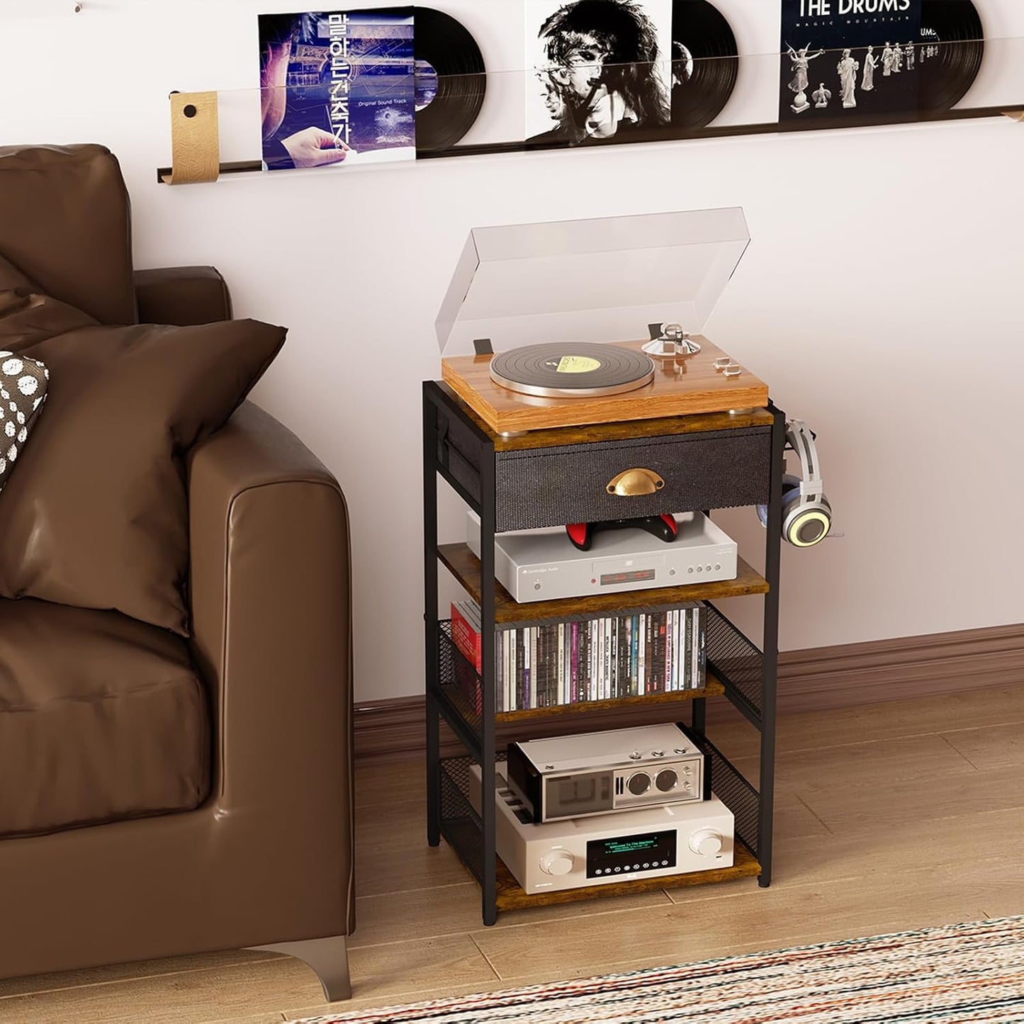 4-Tier AV Media Stand with Drawer, Video Game Console Shelf with 2 Hooks, Audio Rack Tower Perfect for/Xbox/ PS5/Switch/Game Consoles/DVD/Record Player/Projector/Sky Box/TV Accessories