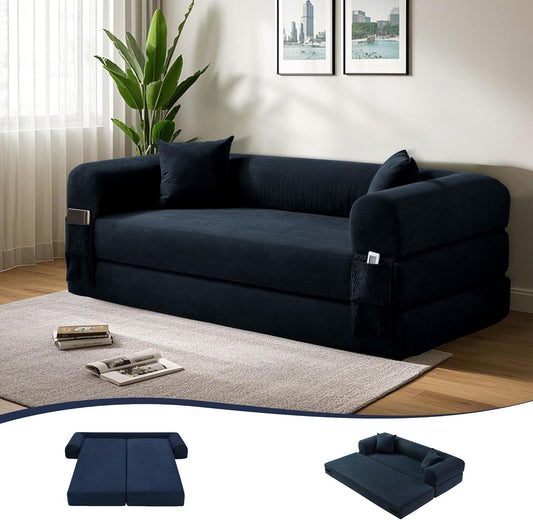 80" Convertible Sofa Bed, 3-in-1 Corduroy Folding Pull Out Couch with Pillows, No Assembly Modern Boneless Couch Compression Sofa in Box, Floor Sofa with Side Storage Pocket for Living Room,Navy Blue