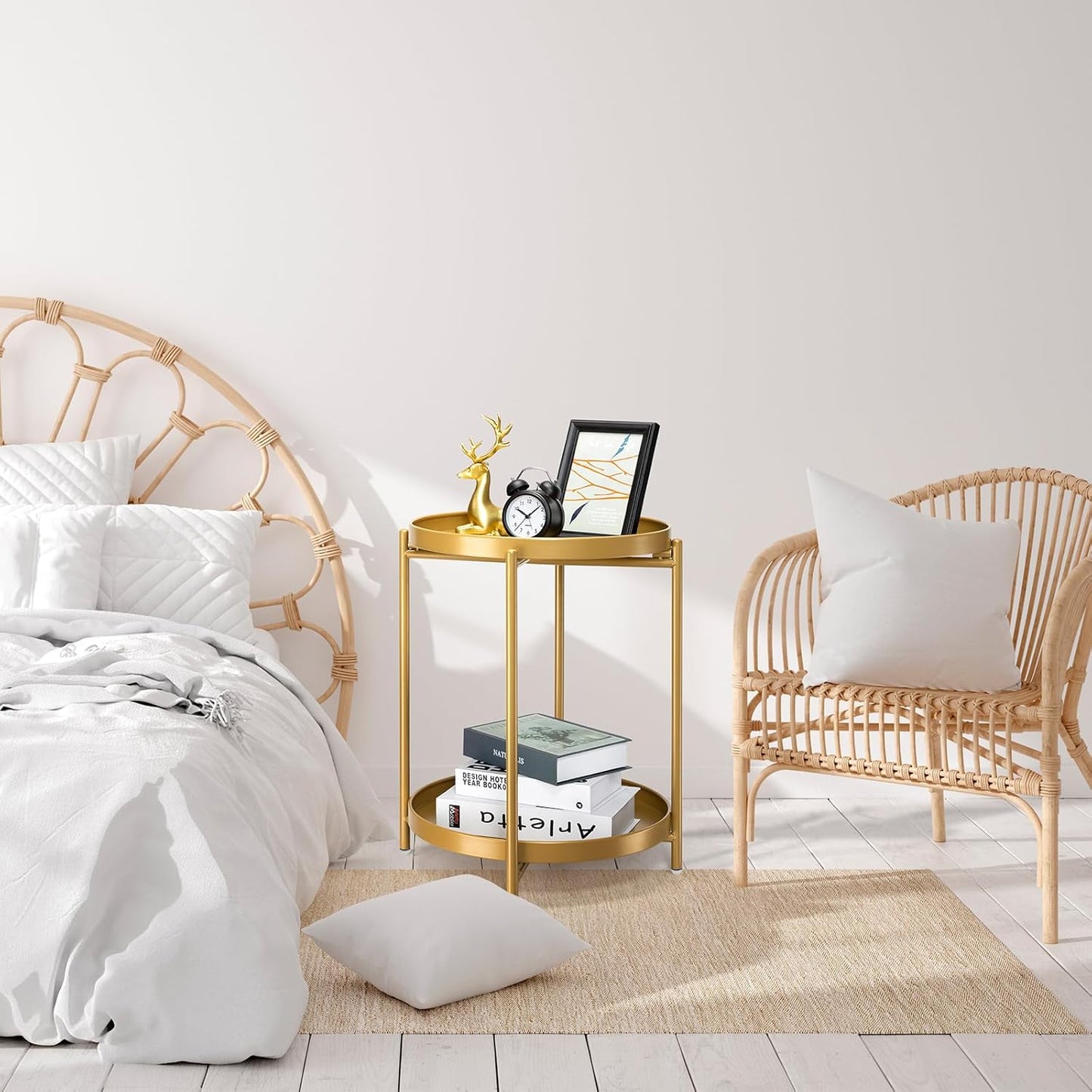 danpinera 2-Tier End Table, Outdoor Side Table, Metal Round Desk with Removable Tray, Small Folding Accent Desk, Anti-Rust Nightstand for Bedroom Balcony Patio Living Room, Set of 2 (Gold)