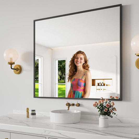 Koonmi Bathroom Mirror 36x40 Bathroom Wall-Mounted Mirrors, Modern Vanity Mirror for Bedroom, Living Room, Aluminum Alloy Frame Allow to Hang Horizontally or Vertically