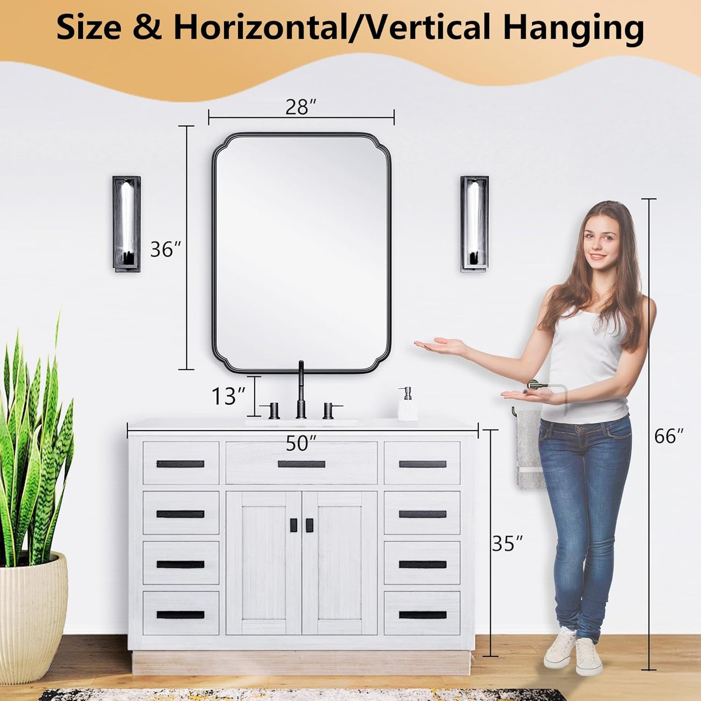 28"x36" Black Bathroom Mirror with Rustproof Metal Frame, Modern Rounded Corner Wall Mirror for Vanity Over Sink, Horizontal/Vertical Hanging