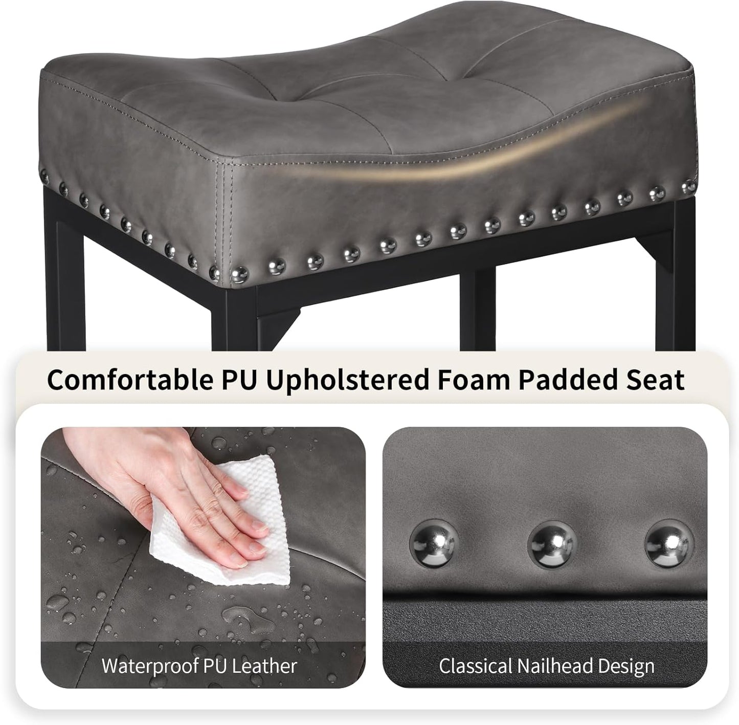 Counter Height Bar Stools Set of 2, Bar Stools for Kitchen Counter, 24 Inch Counter Stools Saddle Barstools with Metal Base for Pub, Bar, Kitchen Dining Room(Grey)