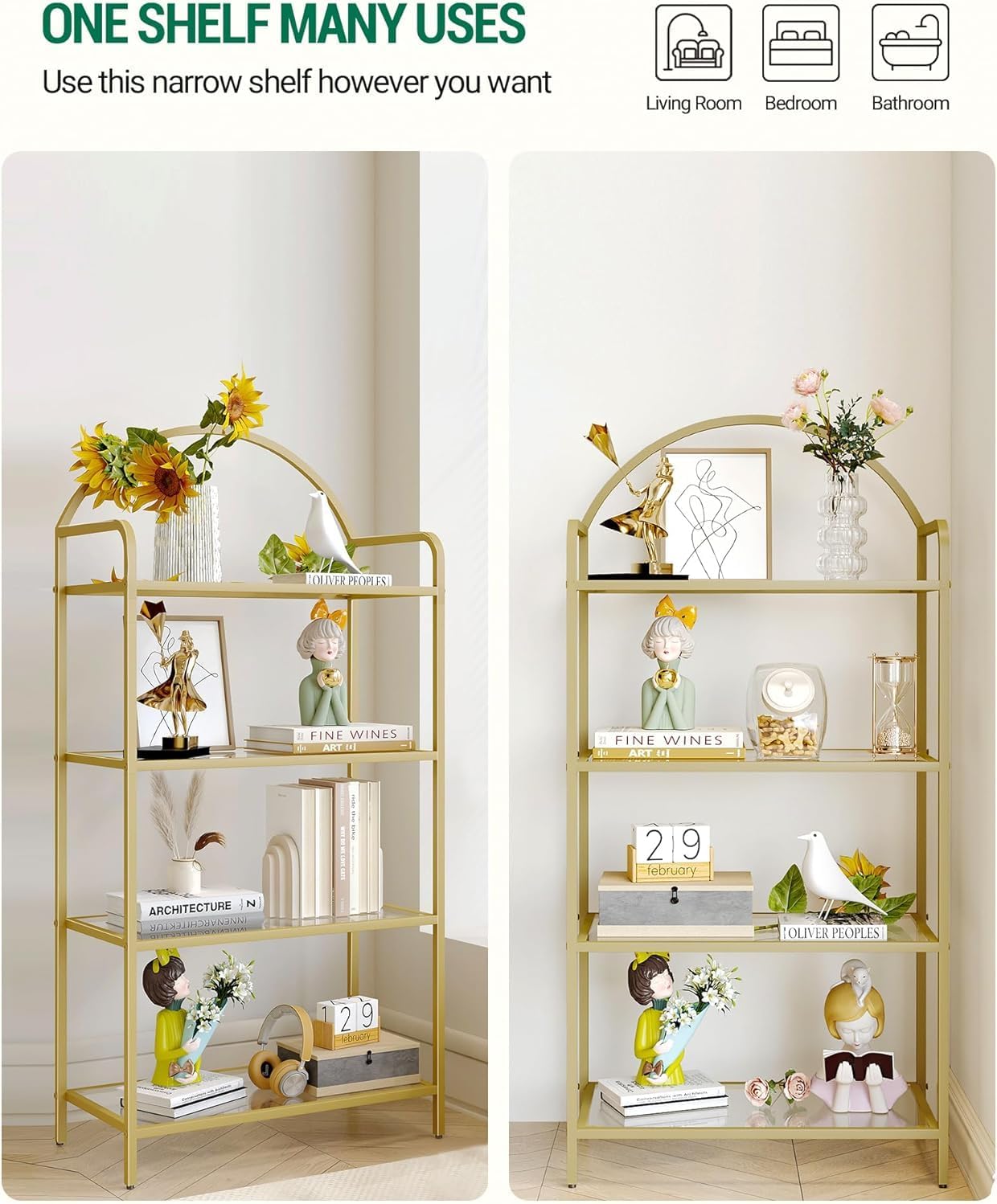 Bookcase Bookshelf, Tempered Glass Bookshelves, Slim Shelving Unit for Bedroom, Bathroom, Home Office, Steel Frame, 4 Tier Gold BC21499G