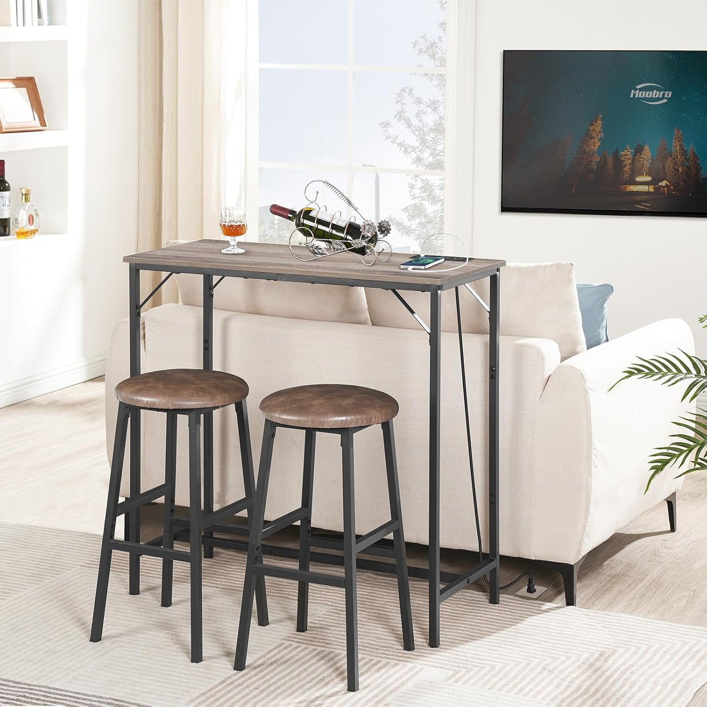 HOOBRO Bar Table with Charging Station, Rectangular Pub Table, High Top Coffee Table, Counter Bar Height Table, Narrow Long Dining Table, 35.4" L x 15.7" W x 35.6" H, Greige BG90UBT01