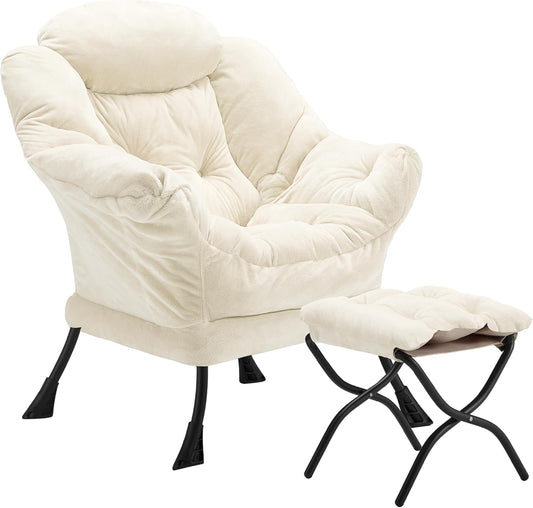 Fabric Lazy Chair with Ottoman, Oversized Upholstered Sofa Chair for Adults, Plush Comfy Lounge Chair with Large Side Storage Pocket, Reading Chair for Living Room, Bedroom, Study Room, Beige