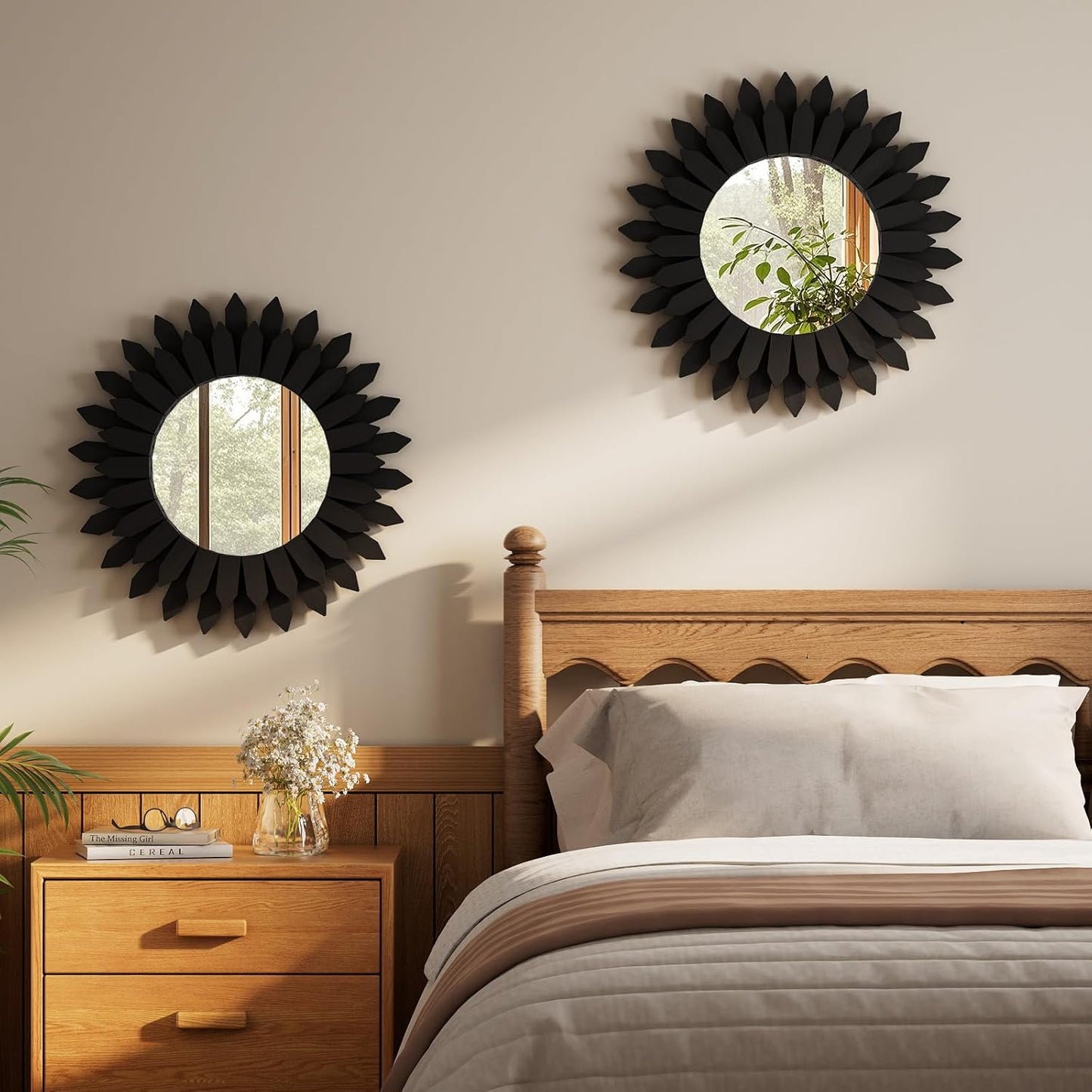 20 Inch Black Boho Wall Decor Sunburst Mirror - Round Wooden Wall Decor, Handmade Rustic Circular Mirror for Living Room, Bedroom, Entryway, Office