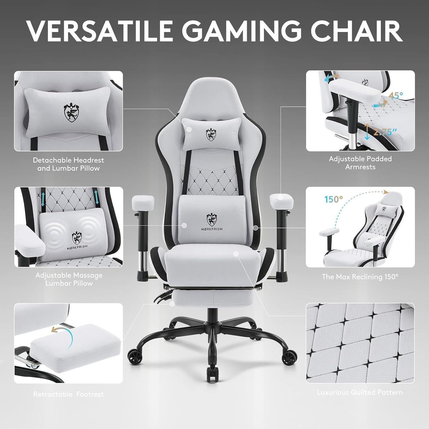 Gaming Chair Breathable Fabric,Computer Office Chair with Footrest,Massage Lumbar Support and Gel Pad,Ergonomic Reclining Gamer Chair with Adjustable Armrests and Spring Cushion Grey Black