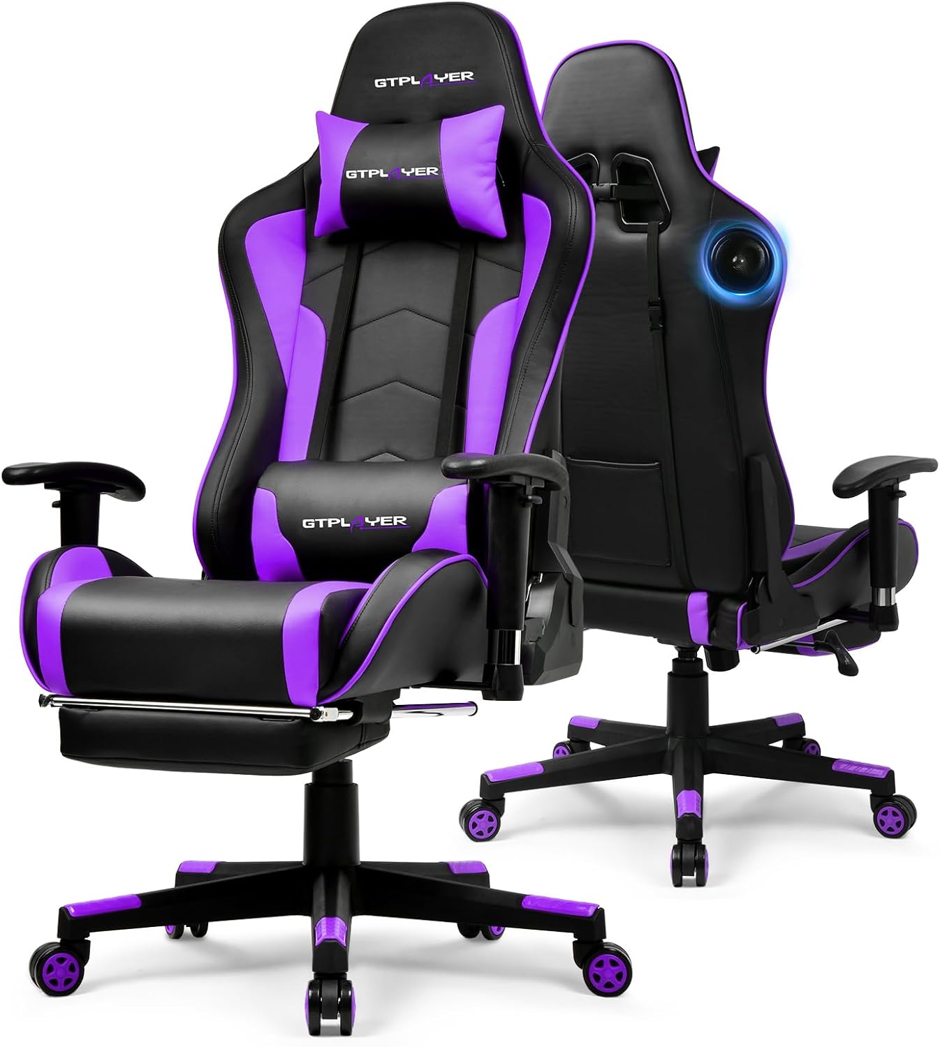 GTPLAYER Gaming Chair with Bluetooth Speakers and Footrest, Ergonomic Gamer Chair with Reclining Backrest, 3D Armrests, Adjustable Seat Height, Computer Desk Chair for Adults (Purple)
