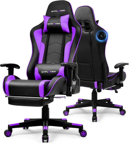 GTPLAYER Gaming Chair with Bluetooth Speakers and Footrest, Ergonomic Gamer Chair with Reclining Backrest, 3D Armrests, Adjustable Seat Height, Computer Desk Chair for Adults (Purple)