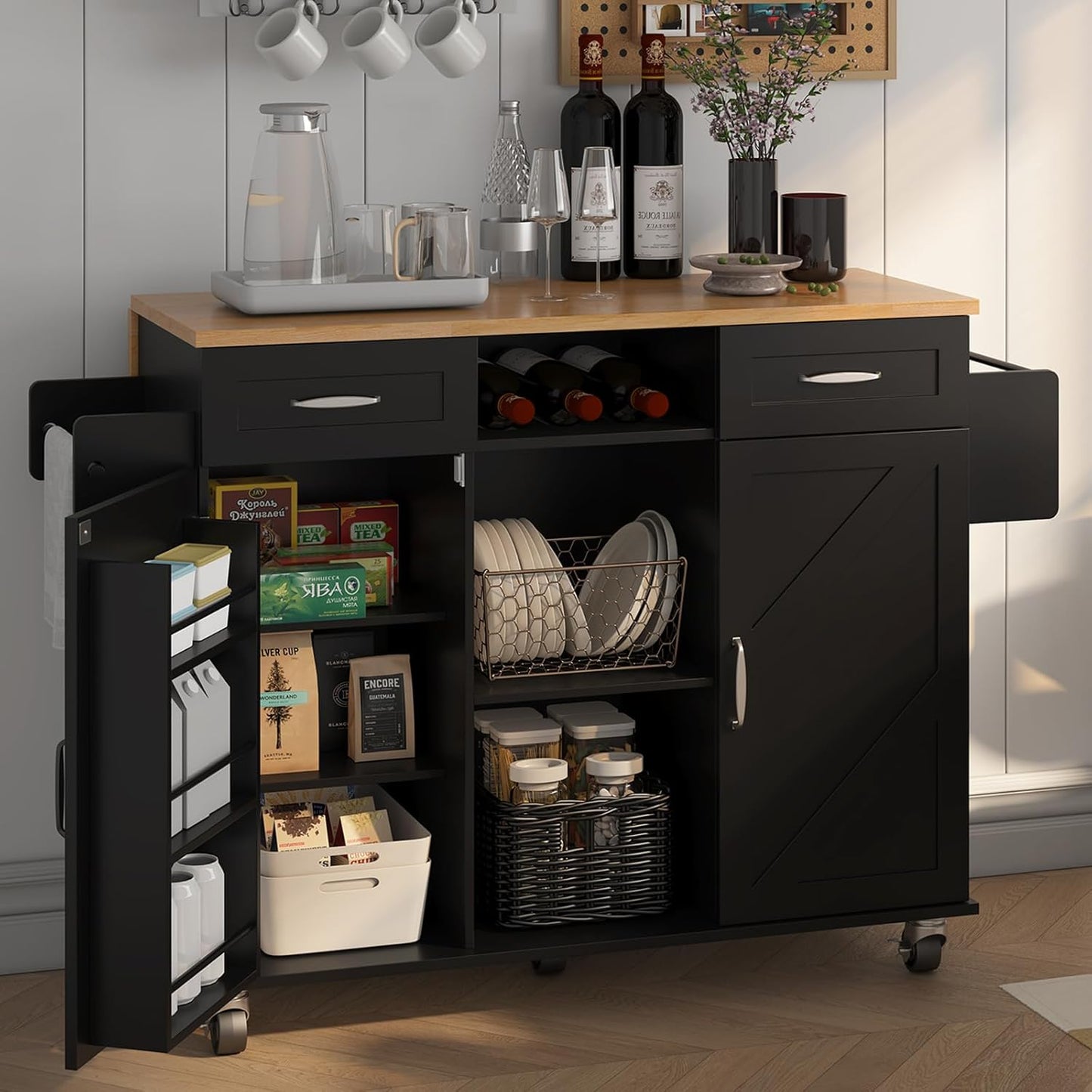 51.5'' Rolling Kitchen Island with Storage Cabinet & Drawers, Drop Leaf Kitchen Cart on Wheels, Farmhouse Portable Mobile Islands, Large Butcher Block Table with Tower/Spice Rack, Black