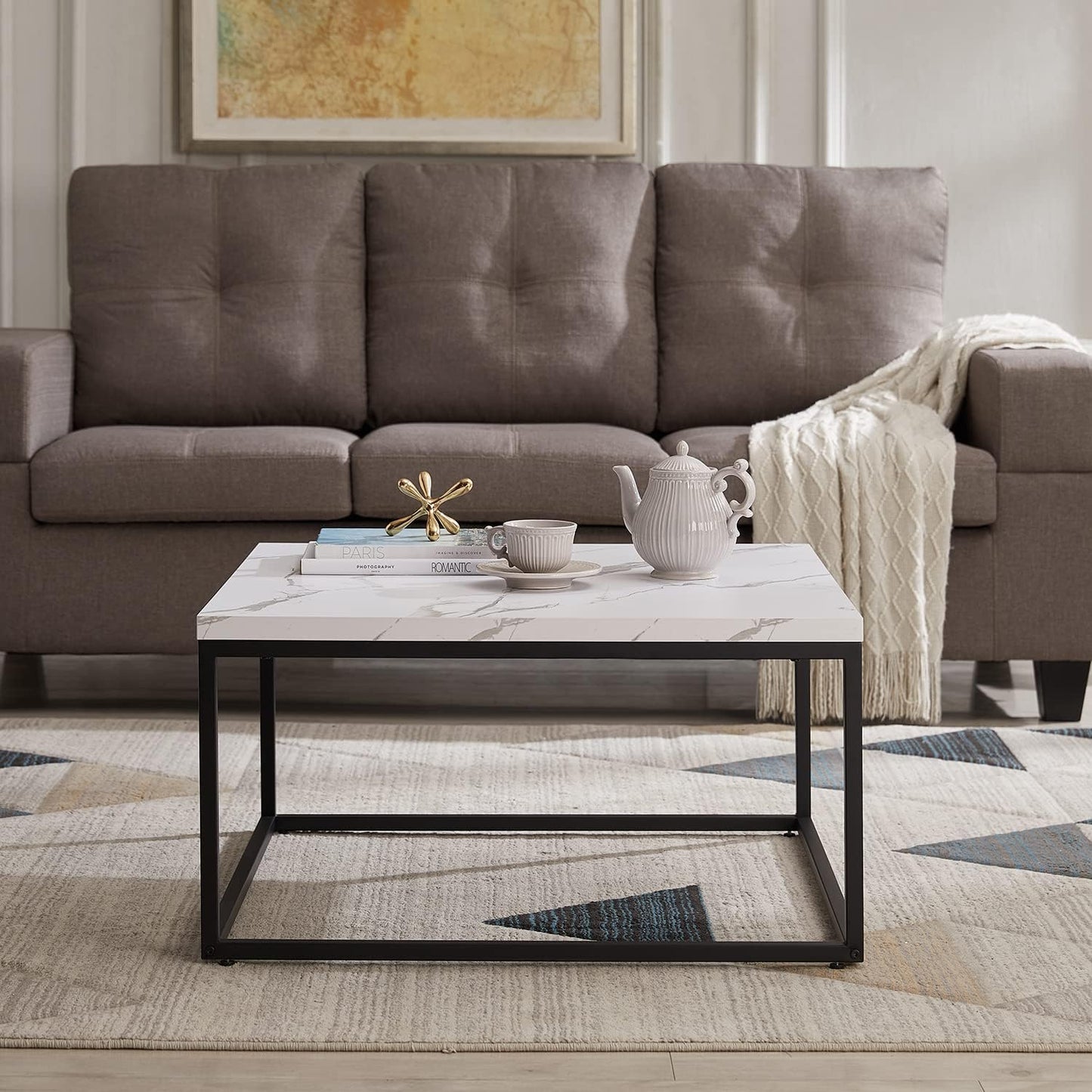 CENSI 30"x30" Marble Accent Coffee Table Ottoman for Living Room, Modern Industrial Style, 1.2" Extra Thick Tabletop (White Marble)