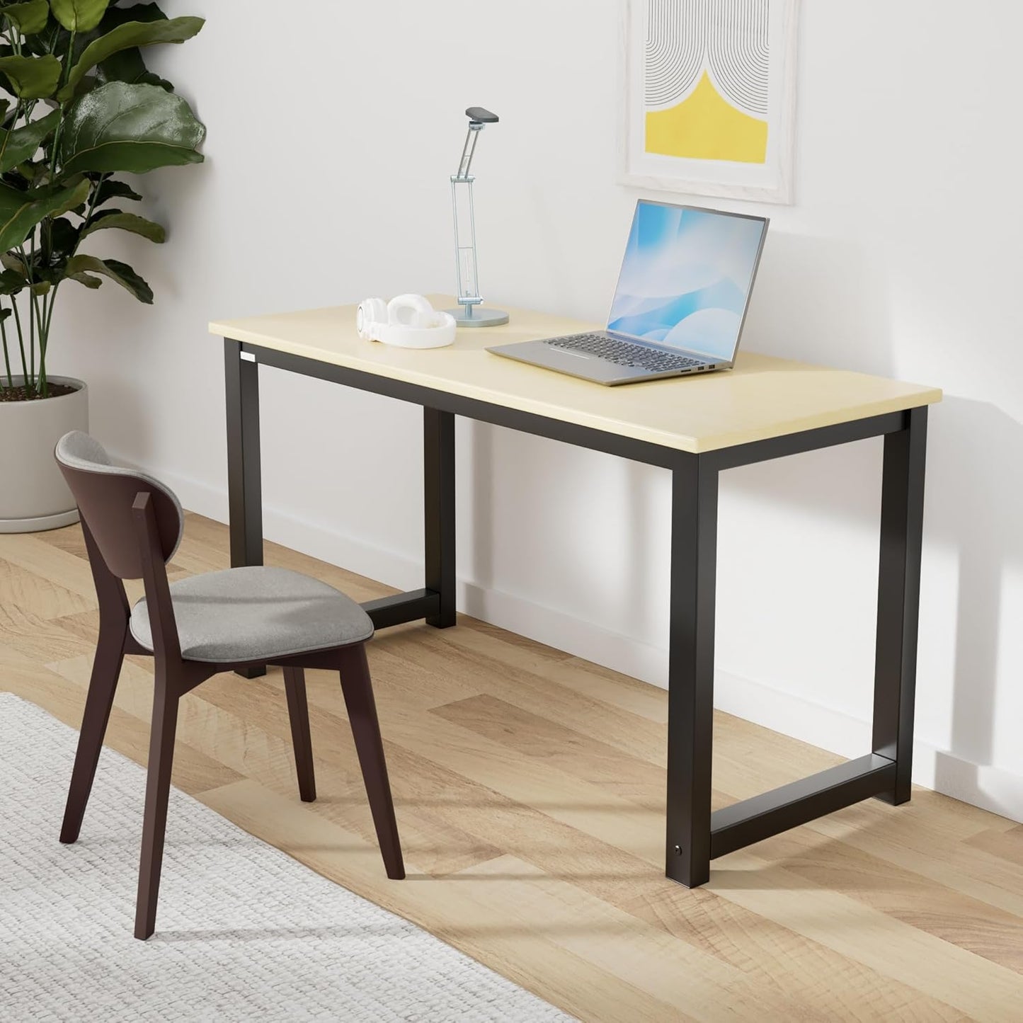 Decoholic 55 Inch Computer Desk, Home & Office PC Laptop Study Writing Table Workstation with Leg Bars, Modern Simple Industrial Style, Oak