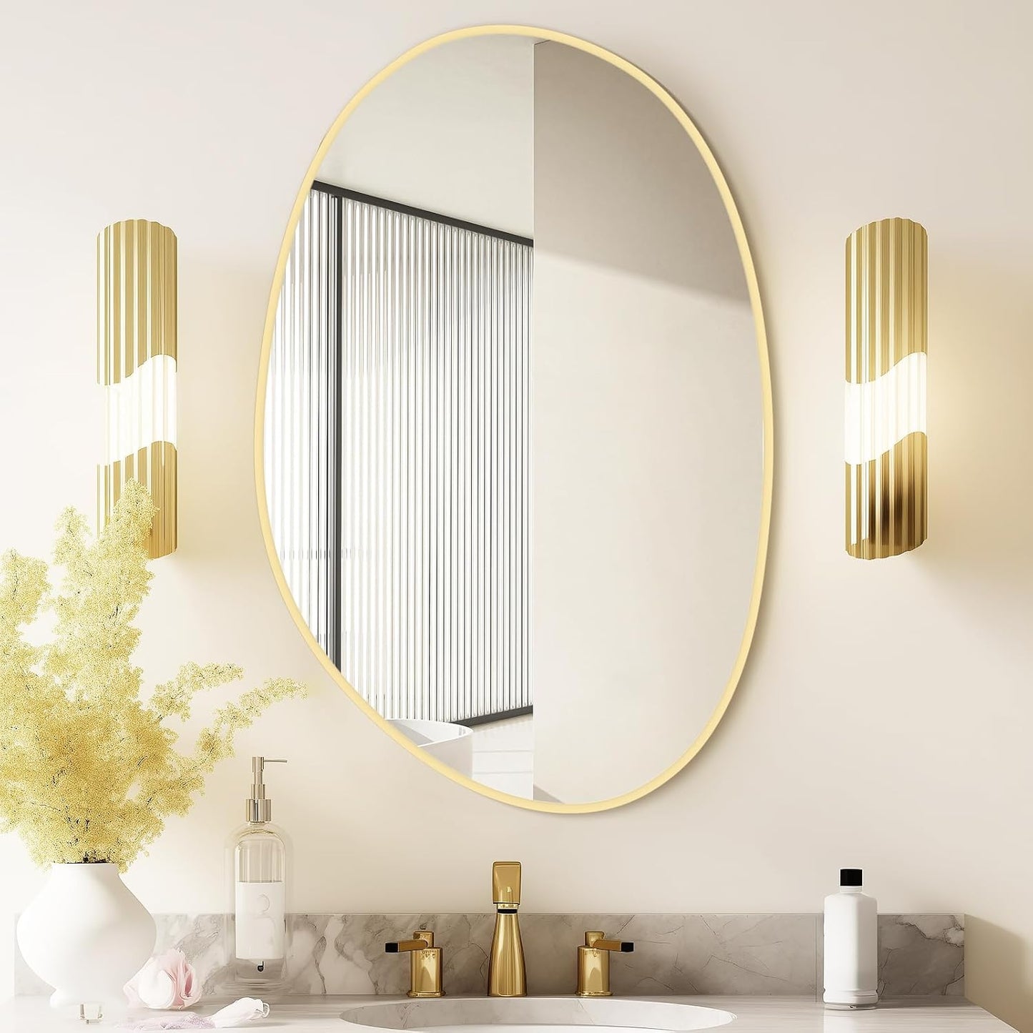 WallBeyond 19" H x 28" W Asymmetrical Decor Irregular Accent Wall Mirror for Entryway, Hallway, etc || Shape: Abstract & Unique Cobblestone, Vertical, Gold