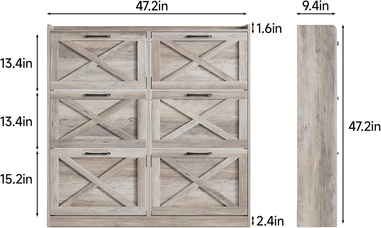 Maupvit Large Shoe Storage Cabinet with 6 Flip Drawers, Freestanding Shoe Organizer with Metal Handles for Entryway, Narrow Shoe Rack Cabinet, Washed Gray