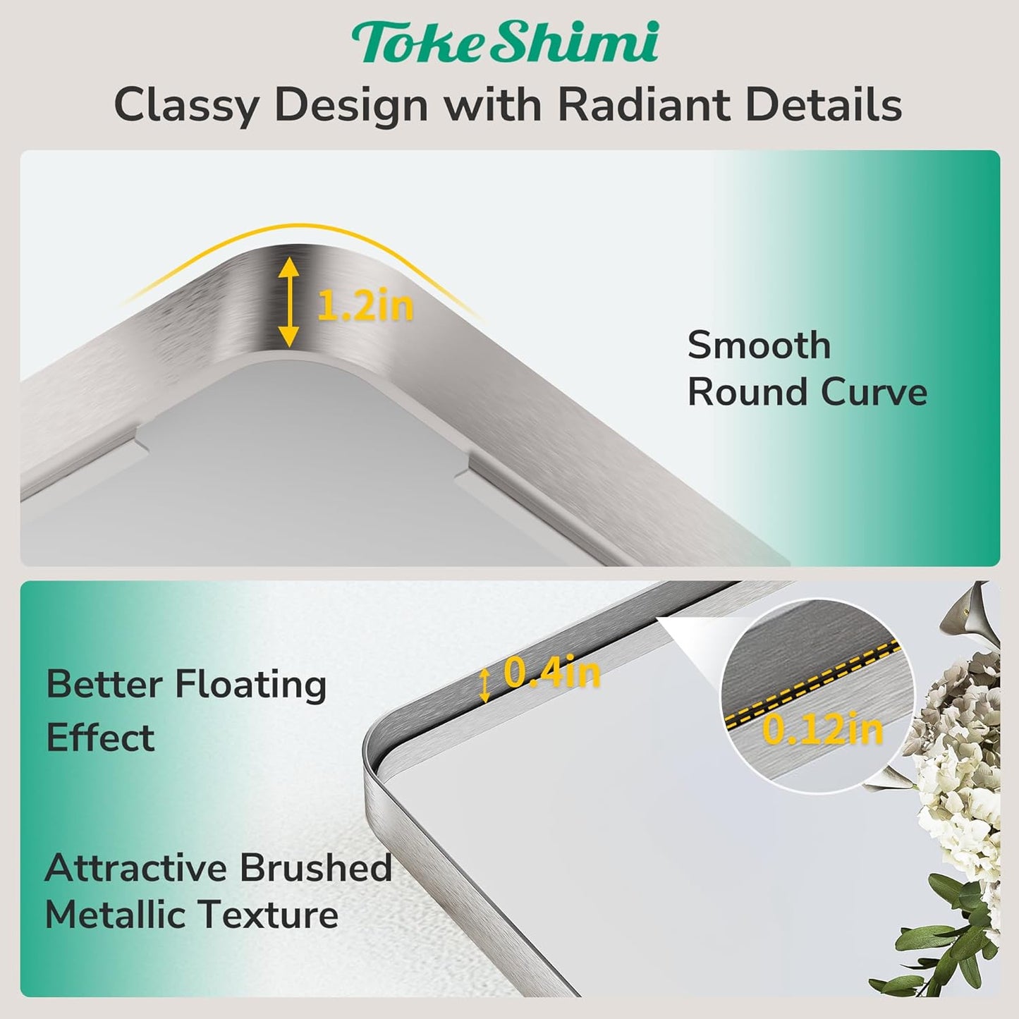 TokeShimi 48x36 Brushed Nickel Bathroom Mirror for Over Sink,Tempered Glass,Rectangle Mirror for Bathroom,Large Bathroom Mirror for Vanity(Horizontal/Vertical)