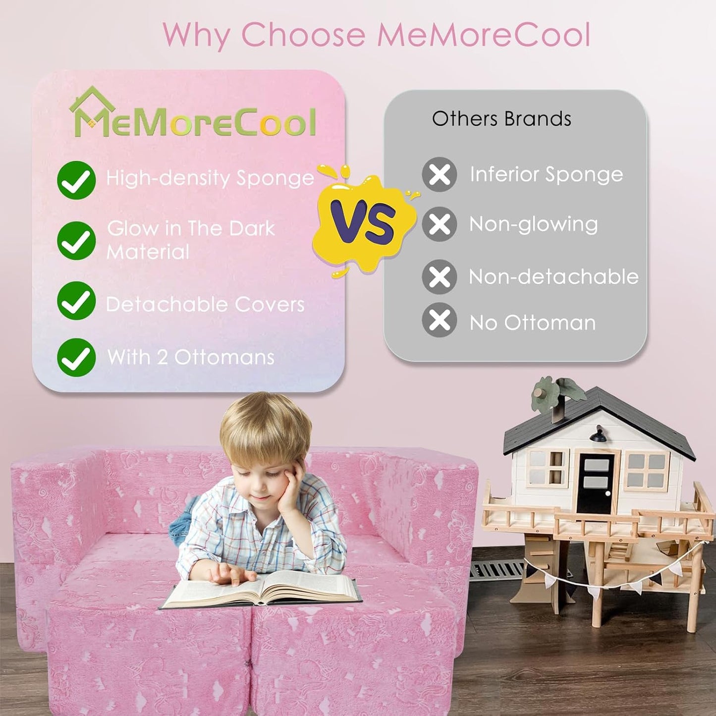 MeMoreCool Glow-in-The-Dark Unicorn Kids Modular Play Couch Sofa – Convertible Fold-Out Plush Foam Toddler Chair for Children’s Playroom