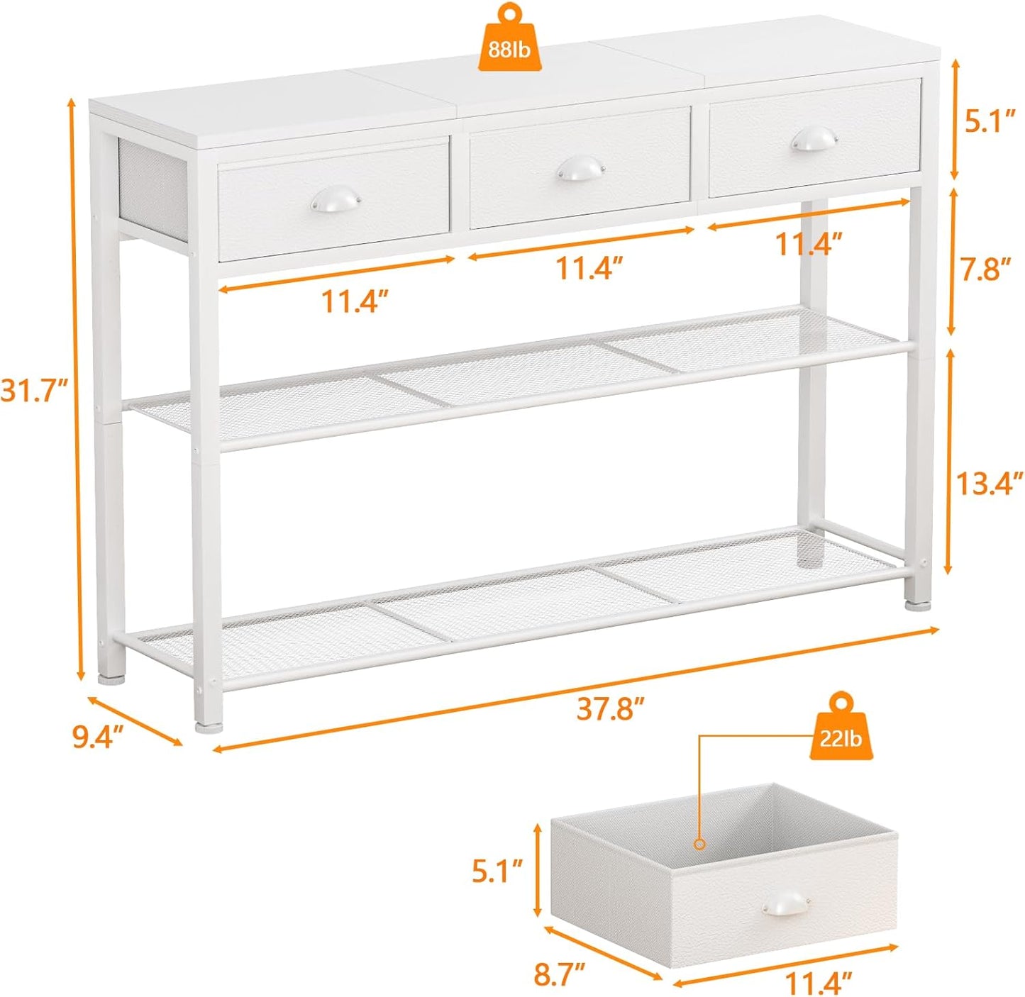 Furologee White Entryway Table, 38'' Console Sofa Table with 3 Fabric Drawers, Industrial Entry Way Table with Storage Shelves, Display Shelf for Living Room, Hallway, Entrance, Foyer