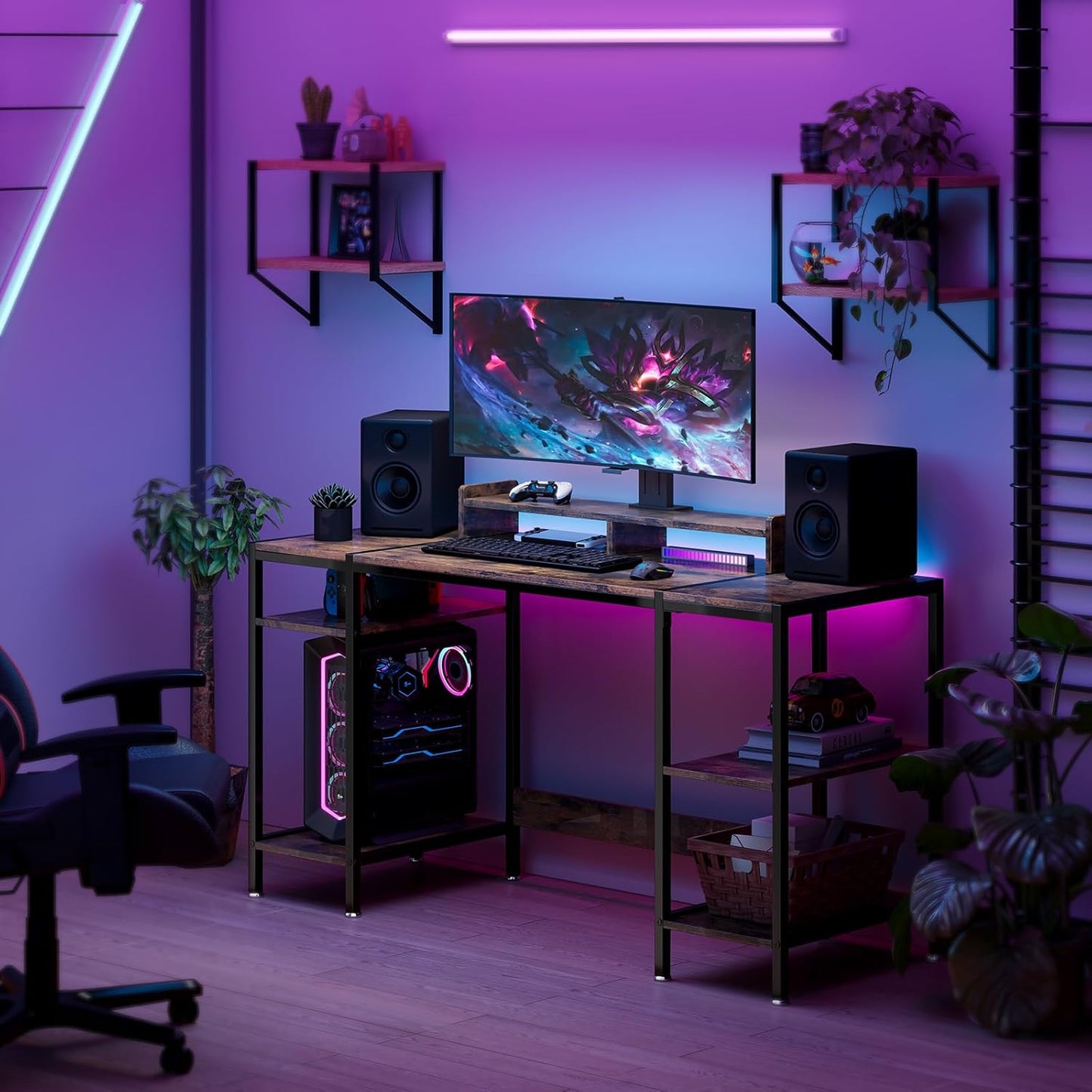 Computer Desk Gaming Desk with Monitor Stand, Home Office Desk Suitable for 2 Monitors, Writing Desk with Adjustable Storage Space,Sturdy and Durable Modern Small Desk (Vintage, 55 inchs)