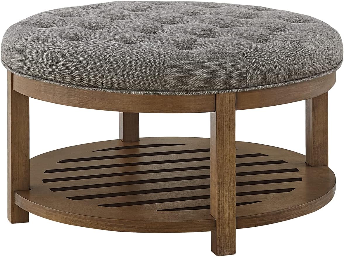 24KF Large Round Upholstered Tufted Linen Ottoman Coffee Table, Large Footrest Ottoman with Wood Shelf Storage-Granite