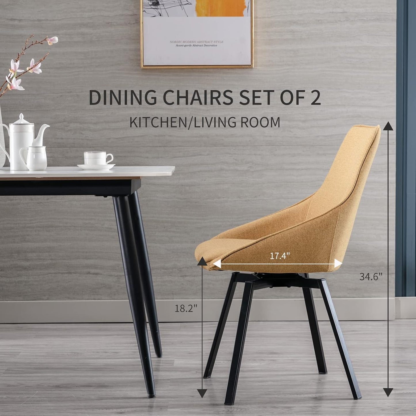 Dining Chairs Set of 2 Yellow Living Room Chairs Fabric Upholstered Kitchen Chairs,Loads Up to 270lbs,Quick Assembly,Swivel Dining Chair