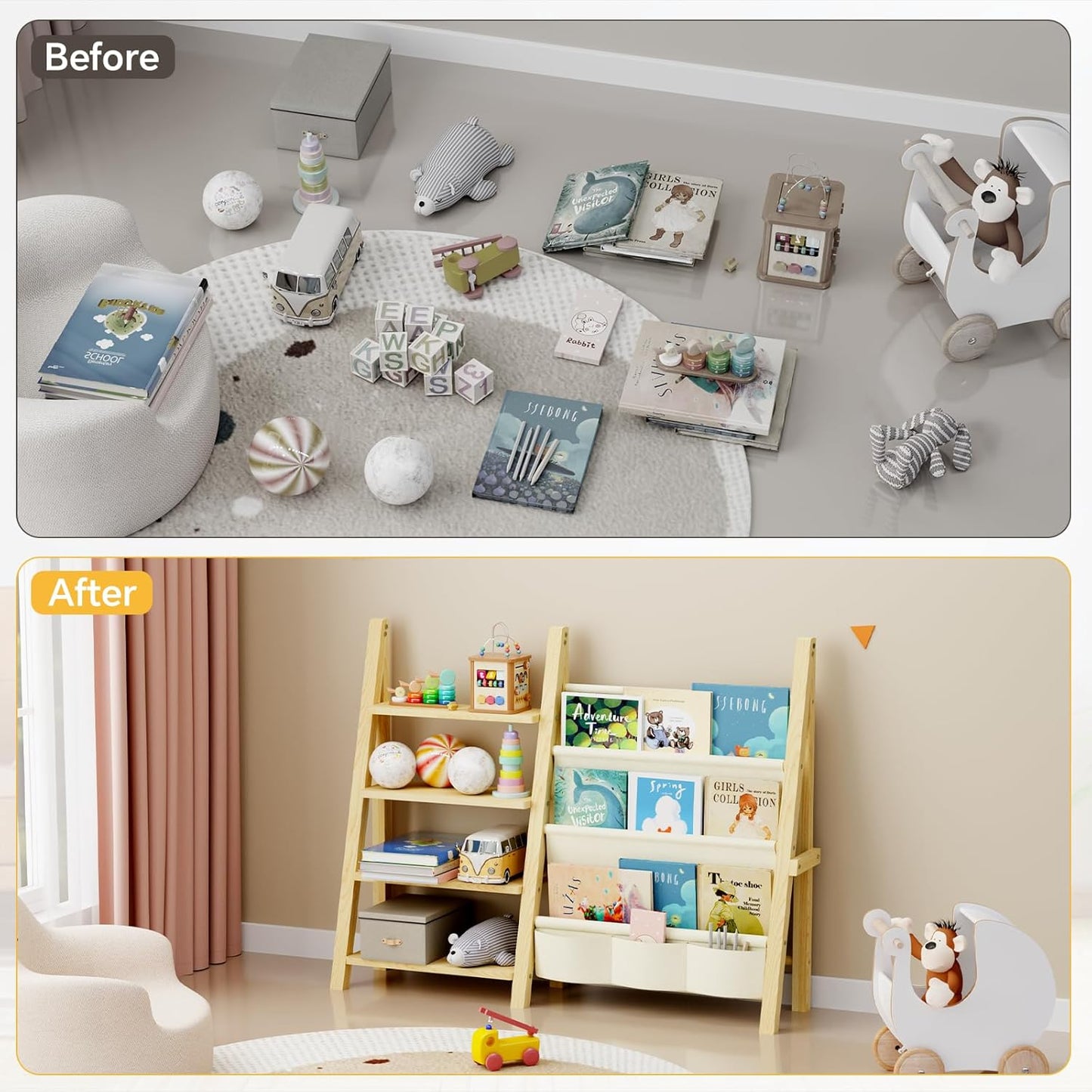 Toy Storage Organizer with Kids Bookshelf, Montessori Wooden Toy Organizer Book Shelf for Kids Rooms, Nursery, Playroom, Child, Baby, Toddler Bookcase, Toys Rack Fabric Sling Book Shelves