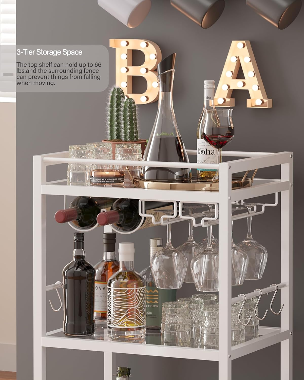 TUTOTAK Bar Cart, Home Bar Serving Cart, Drink Cart with 3-Tier Mirrored Shelf, Mobile Kitchen Shelf with Wine Rack, BC01BW033