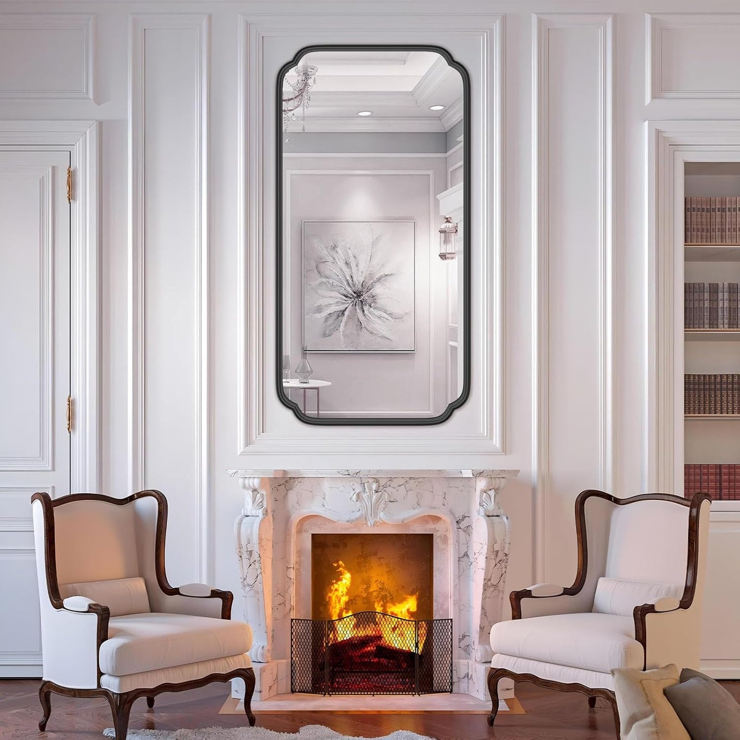 48 x 24 Inch Black Bathroom Vanity Mirror for Wall with Metal Frame Modern Rectangle Rounded Corner Wall Decor Mirror for Big Bathroom Over Sink (Horizontal/Vertical)