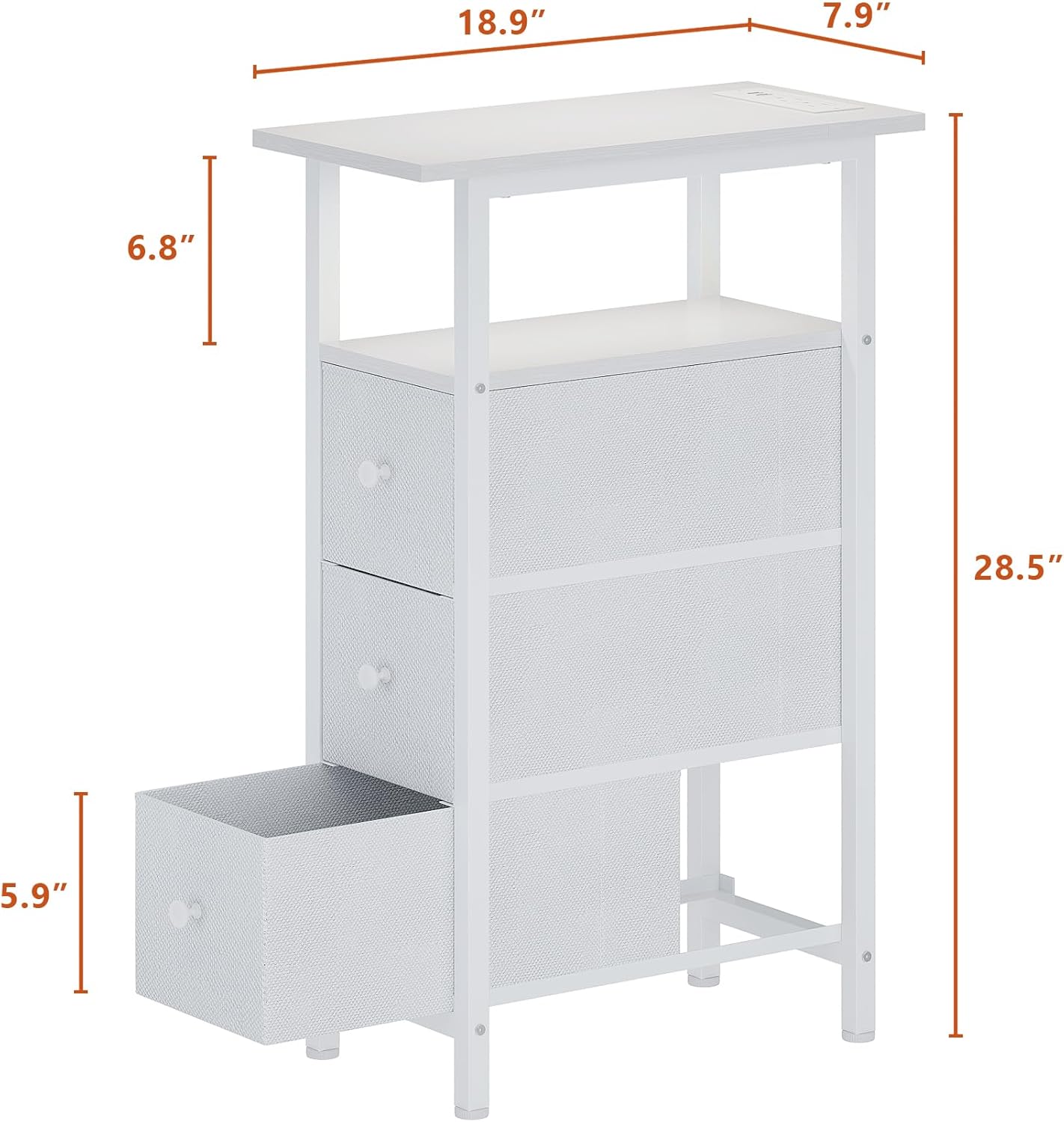 End Table with Charging Station, Narrow Side Table with 3 Fabric Drawers, Skinny Nightstand with LED Light, Slim Bedside Table for Bedroom, Living Room, Small Spaces, White