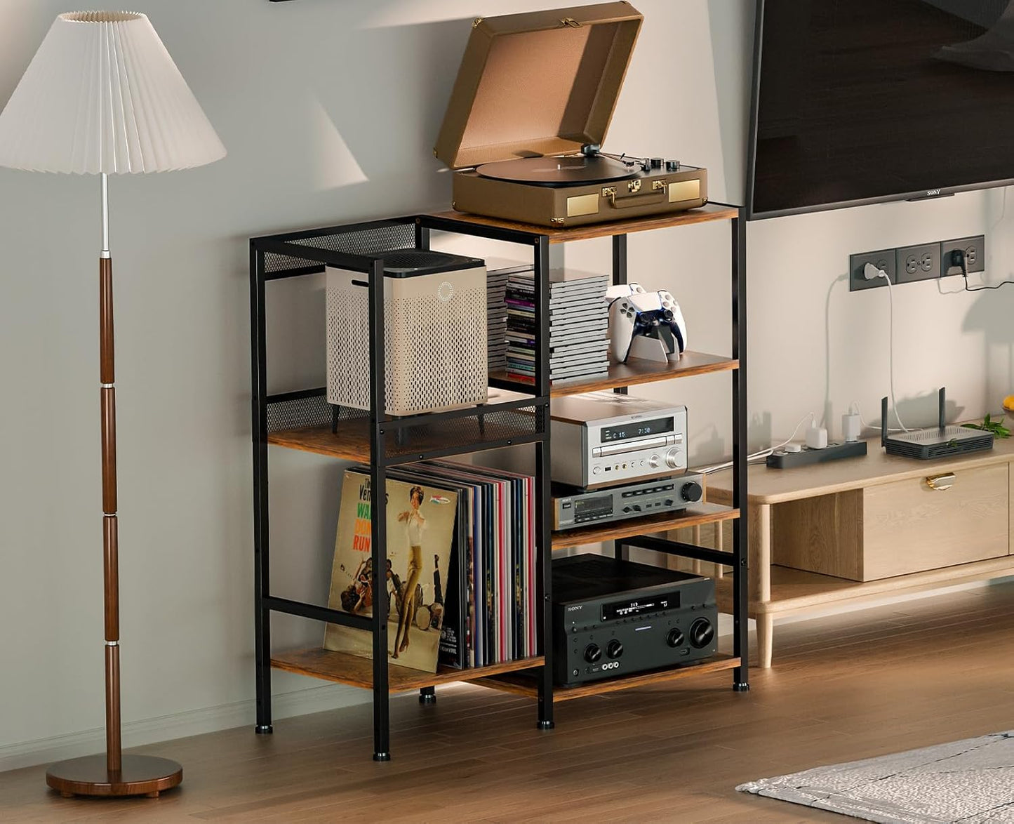 Record Player Stand Table with Vinyl Record Storage Holder-Up to 200+ Albums, Small Media Cabinet Console Table Stereo Stand Tower, Audio Video Shelving/Turntable Stand Shelf for Entertainment Center