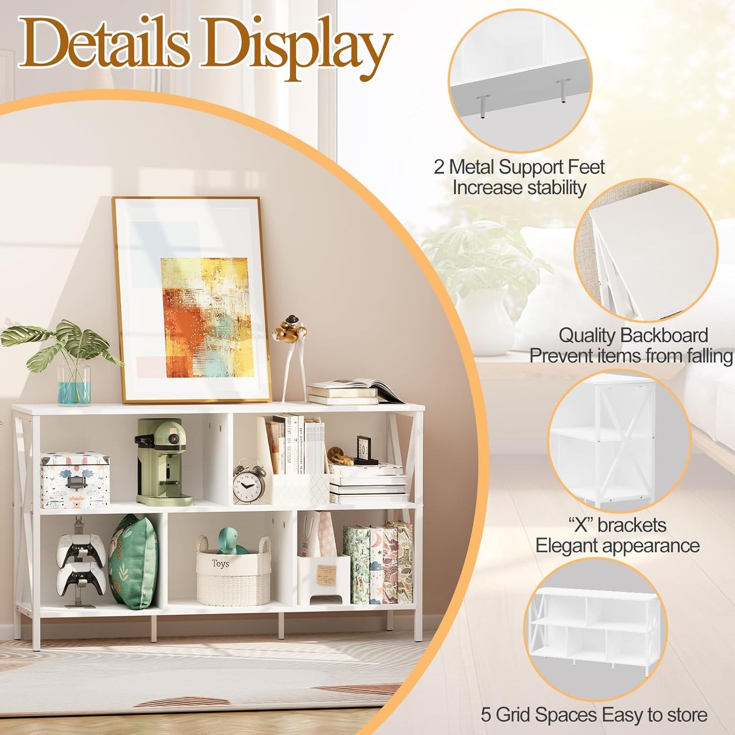 Horizontal Bookshelf,Industrial Modern 5 Cube Low Wide Cubby Bookcase,Long Wood and Metal Storage Organizer Open Shelf, Short Book Shelf Bedroom Storage for Home Office Living Room(White,5 Cube)