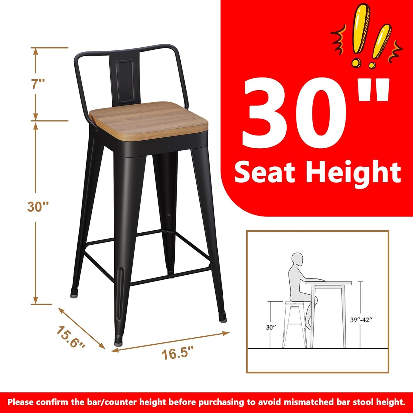 WENTMENT Bar Stools Set of 2 Counter Height Metal Barstools with Removable Back 30" Kitchen Bar Stools with Wooden Seat, Black