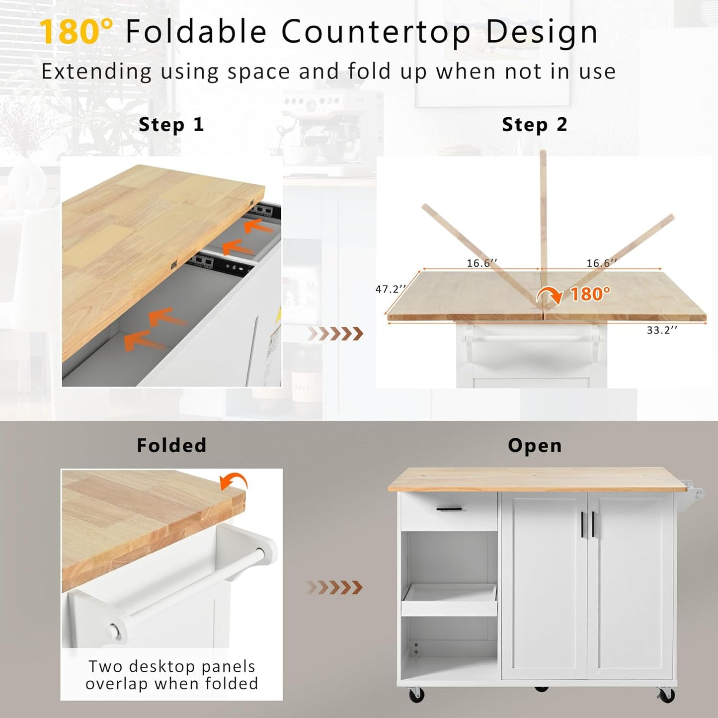 49" Foldable Kitchen Island Cart, White with Slide-Out Shelf, Towel Rack & Drawer, Rolling on Wheels, for Living & Dining Rooms