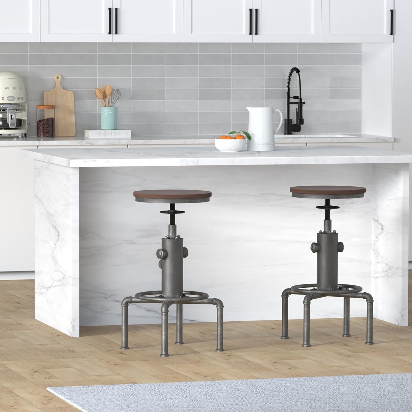 Topower Antique Vintage Industrial Barstool Solid Wood Water Pipe Fire Hydrant Design Cafe Coffee Industrial Bar Stool Set of 2 Silver