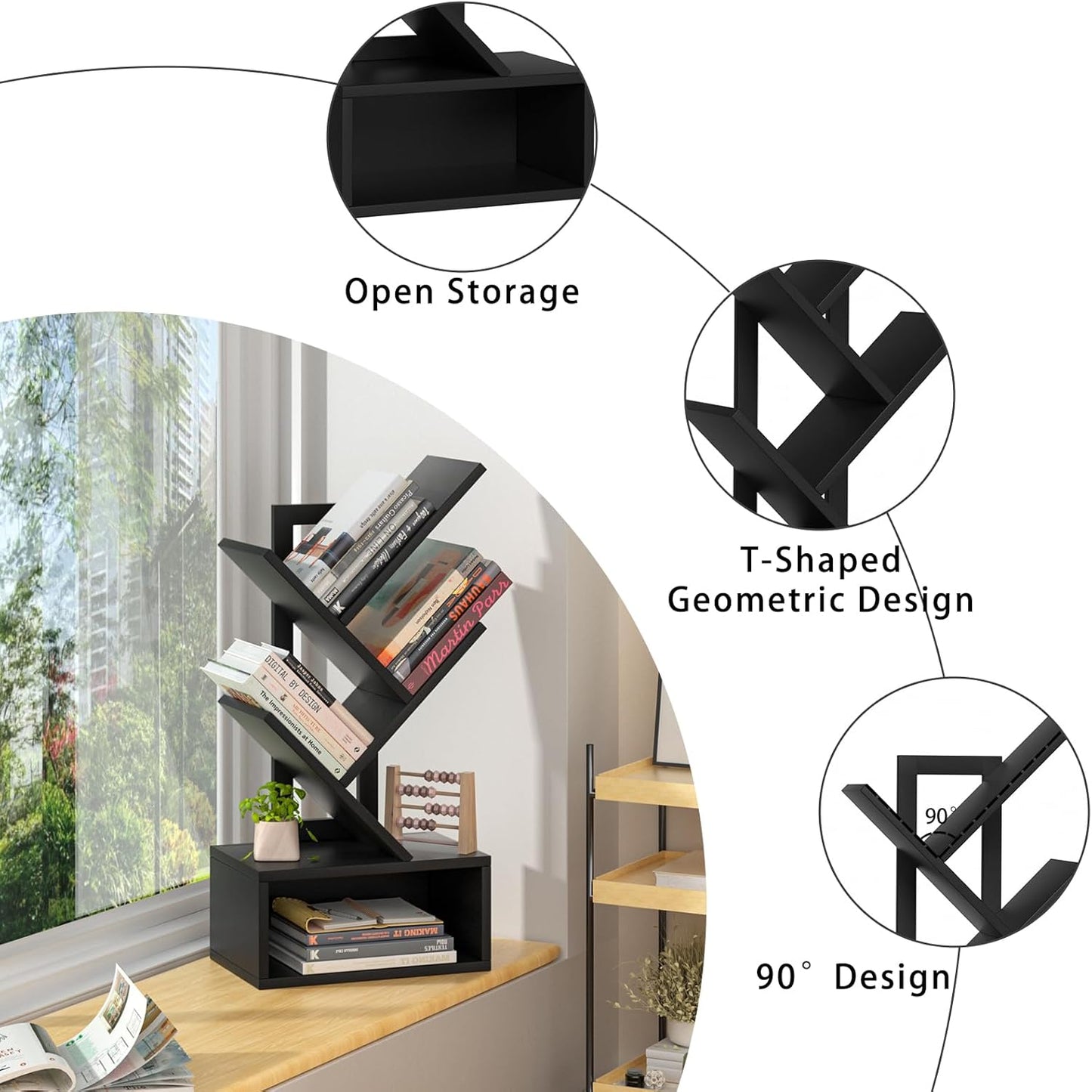 Small Tree Book Shelf,5 Tier Black Tree Bookshelf,Black Desktop Bookcase,Modern Desk Display Storage Bookshelves,Floor Standing Organizer Bookcases for Living Room,Bedroom,Office