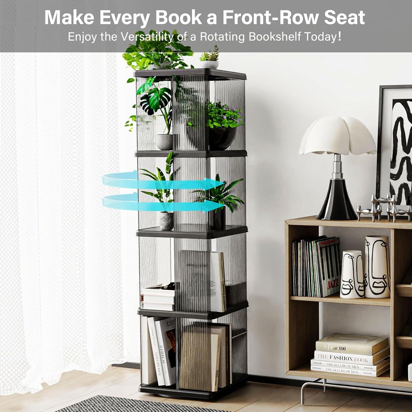 4 Tier Rotating Bookshelf, Small Corner Bookshelf for Small Space, 360 Display Floor Standing Bookcase, Lazy Susan Plastic Narrow Book Organizer Shelf for Bedroom, Living Room, Rectangular