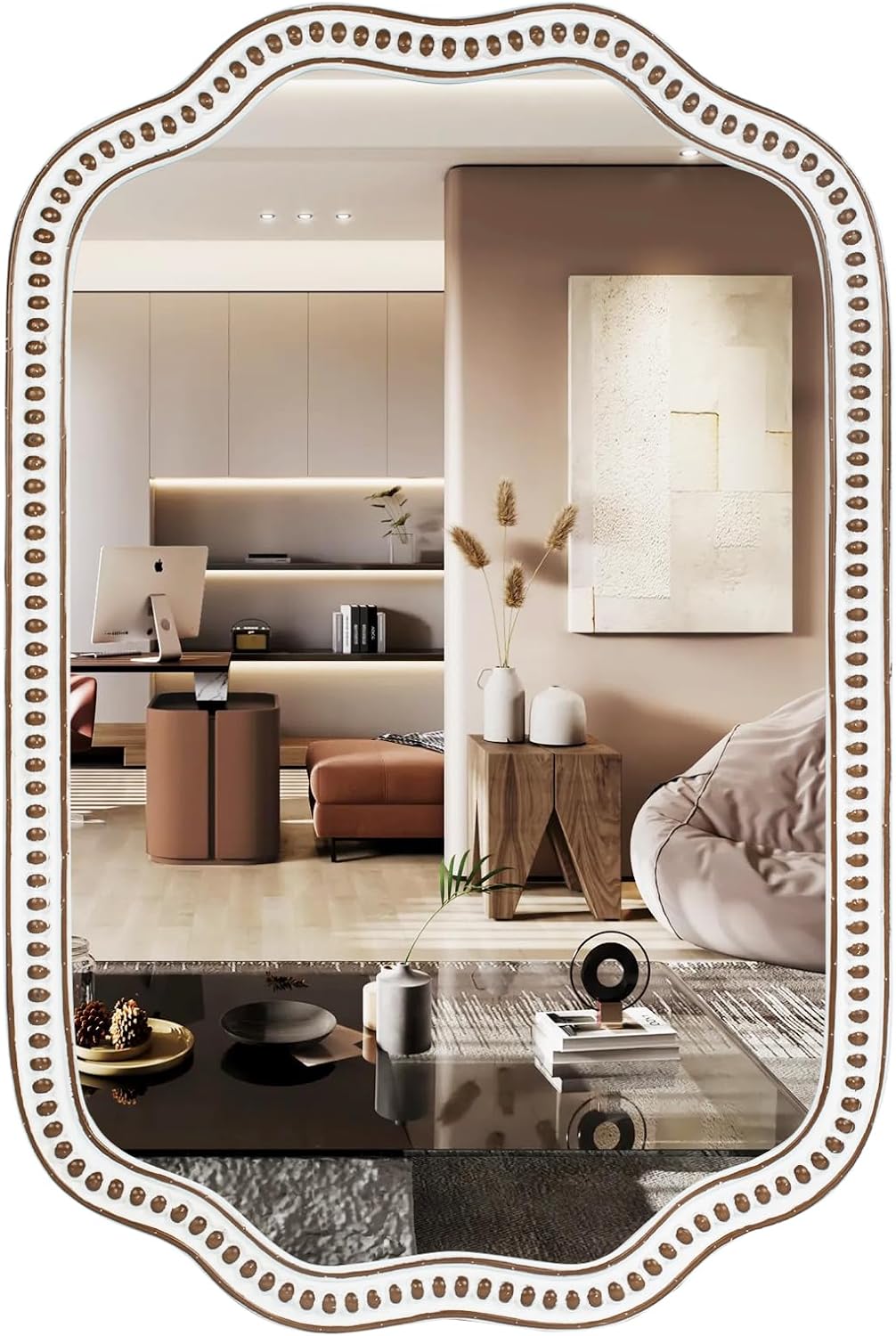 24x36 Inch Wooden Scalloped Farmhouse Mirror for Wall Decor, Rustic Decorative Mirrors for Living Room, Bedroom, Entryway, Bathroom Over Sink - Horizontal/Vertical Mount