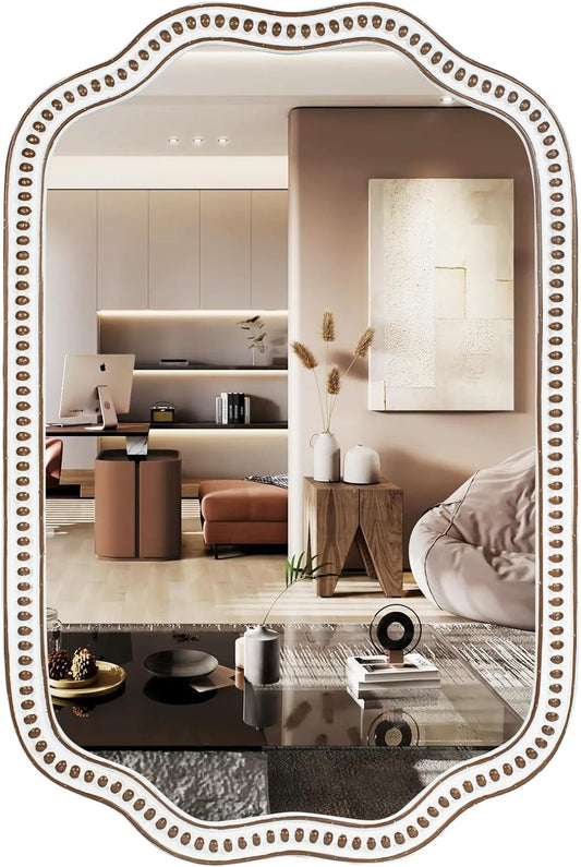 24x36 Inch Wooden Scalloped Farmhouse Mirror for Wall Decor, Rustic Decorative Mirrors for Living Room, Bedroom, Entryway, Bathroom Over Sink - Horizontal/Vertical Mount