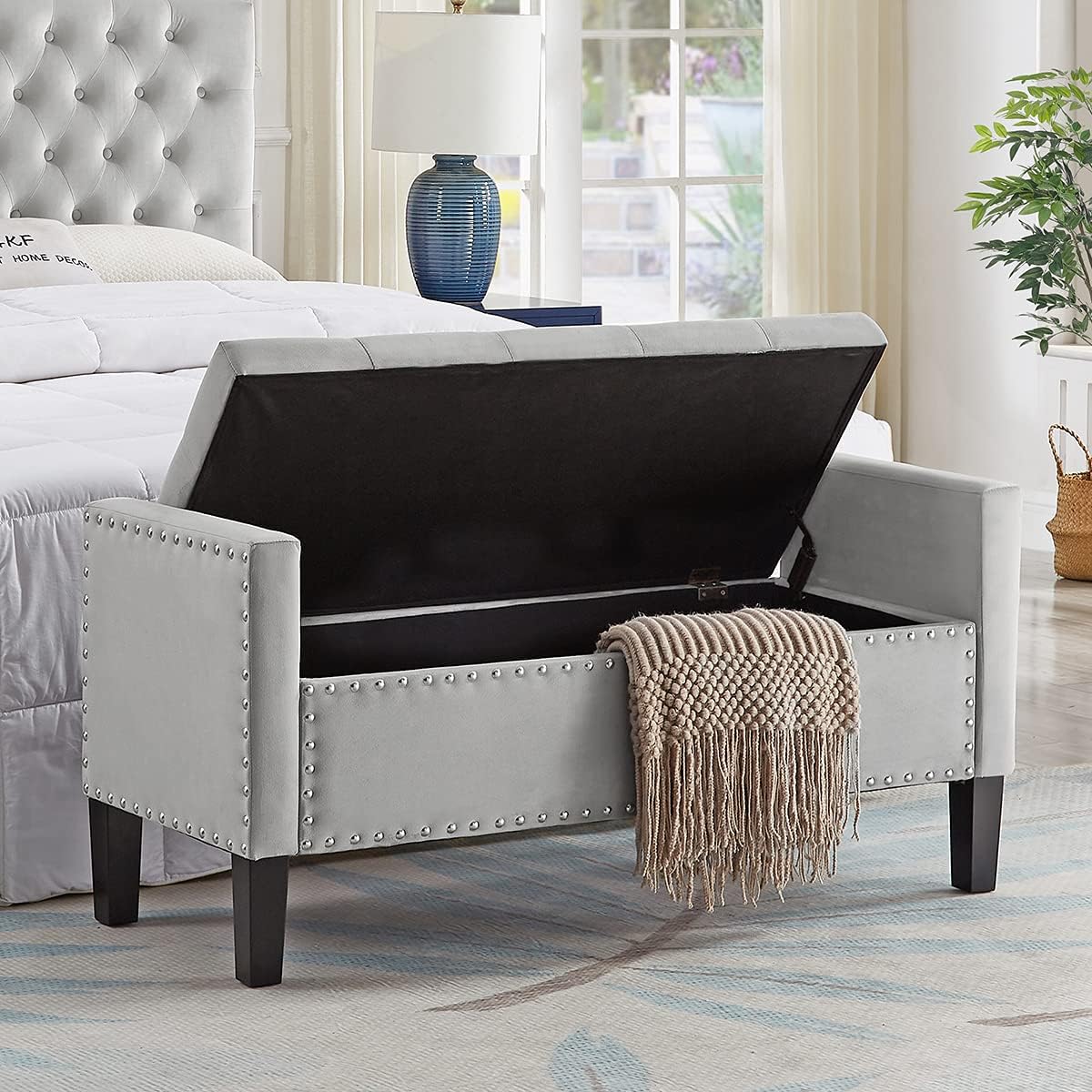 24KF Velvet Modern Upholstered Tufted Button Storage Bench with Arms for Bedroom,Entryway Living Room Soft Padded Seat -Gray