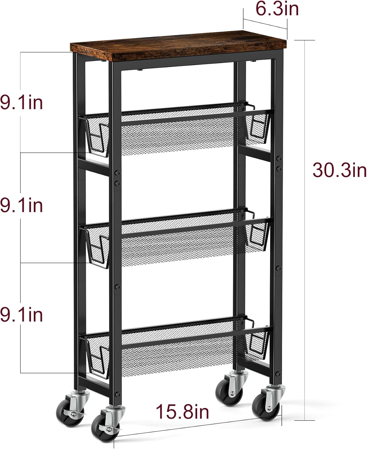 Honest Slim Storage Cart 4-Tier Slim Rolling Cart with Metal Frame and Wooden Top, 6.3 Inches, Storage Cart for Kitchen, Dining Room, Living Room, Bathroom, Home Office, Rustic Brown and Black