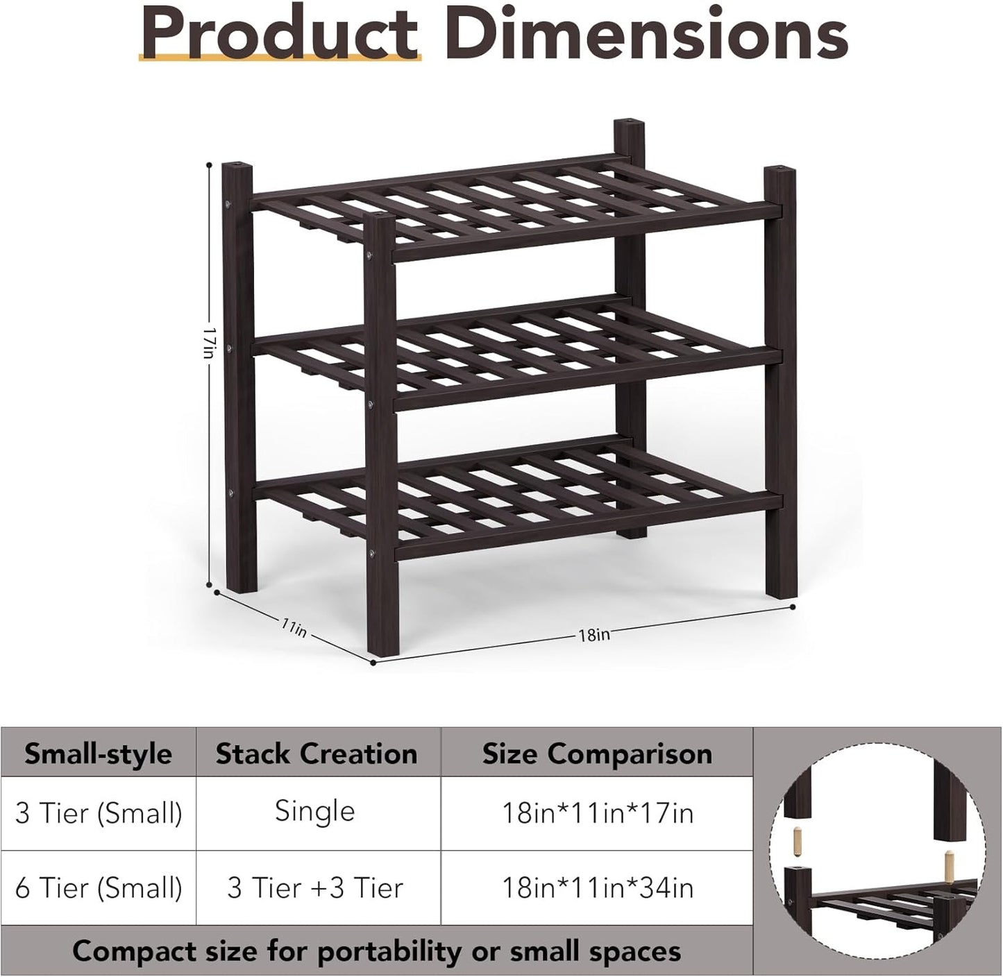 Haddockway small 3 Tier Bamboo Shoe Rack Storage Organizer, Multifunctional Free Standing Stackable Shoe Shelf with Grid Panel for Closet,Hallway,Entryway,Small Space 18"x11"x17"(Brown, 3-Tier(Small))