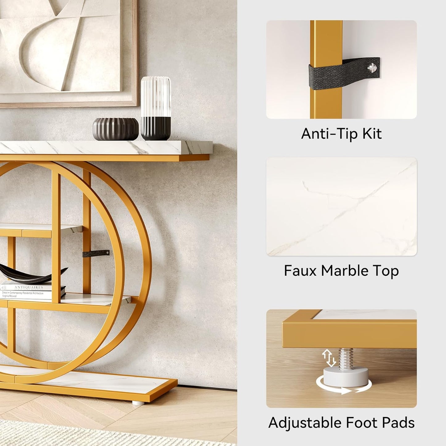 LITTLE TREE Console Table, 4-Tier Entryway Table Behind Couch Table, 41.3-Inch Modern Sofa Table for Living Room, Foyer Hallway Table for Entrance, White and Gold